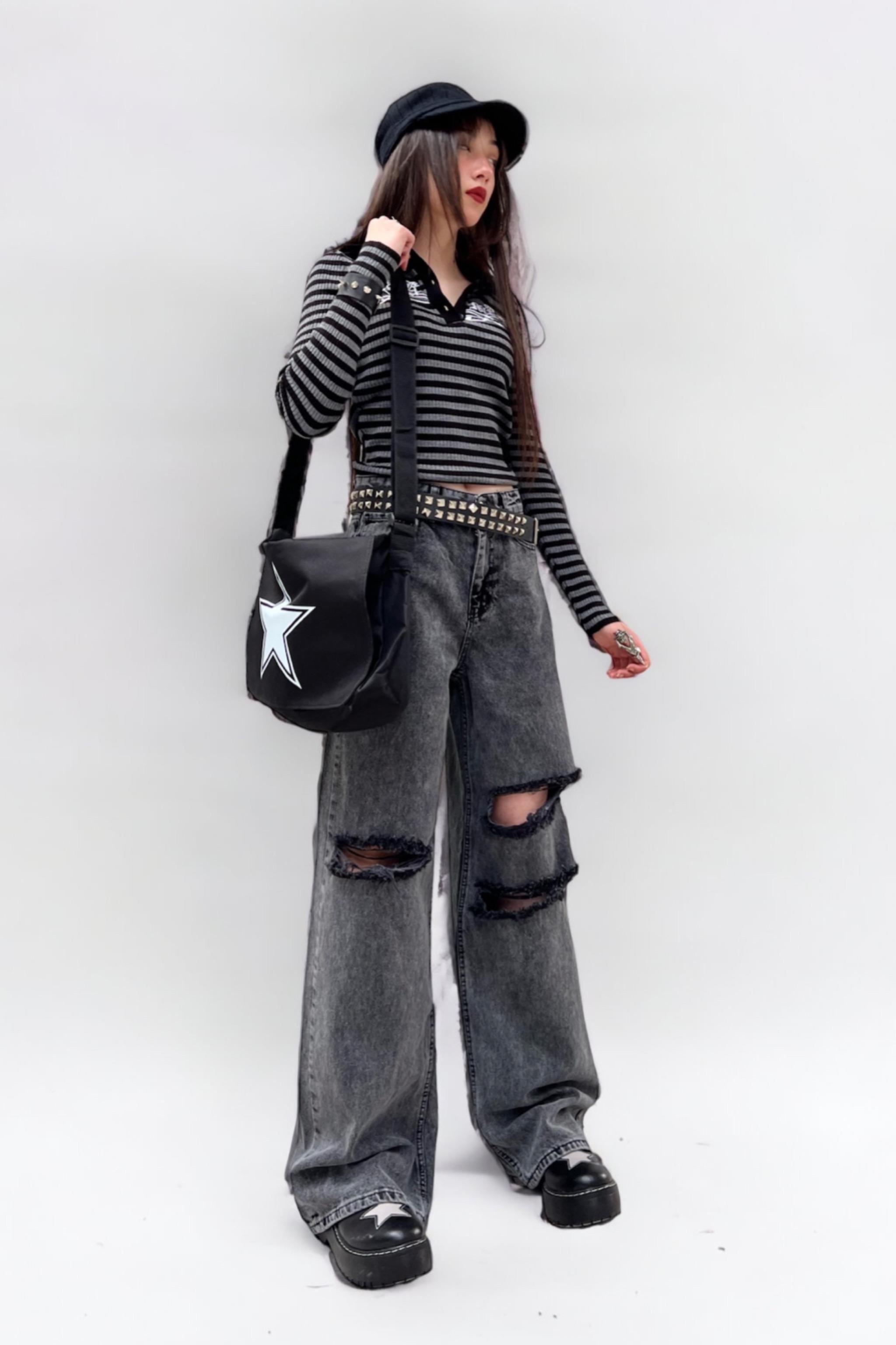 Füme Yırtık Detaylı Pantolon