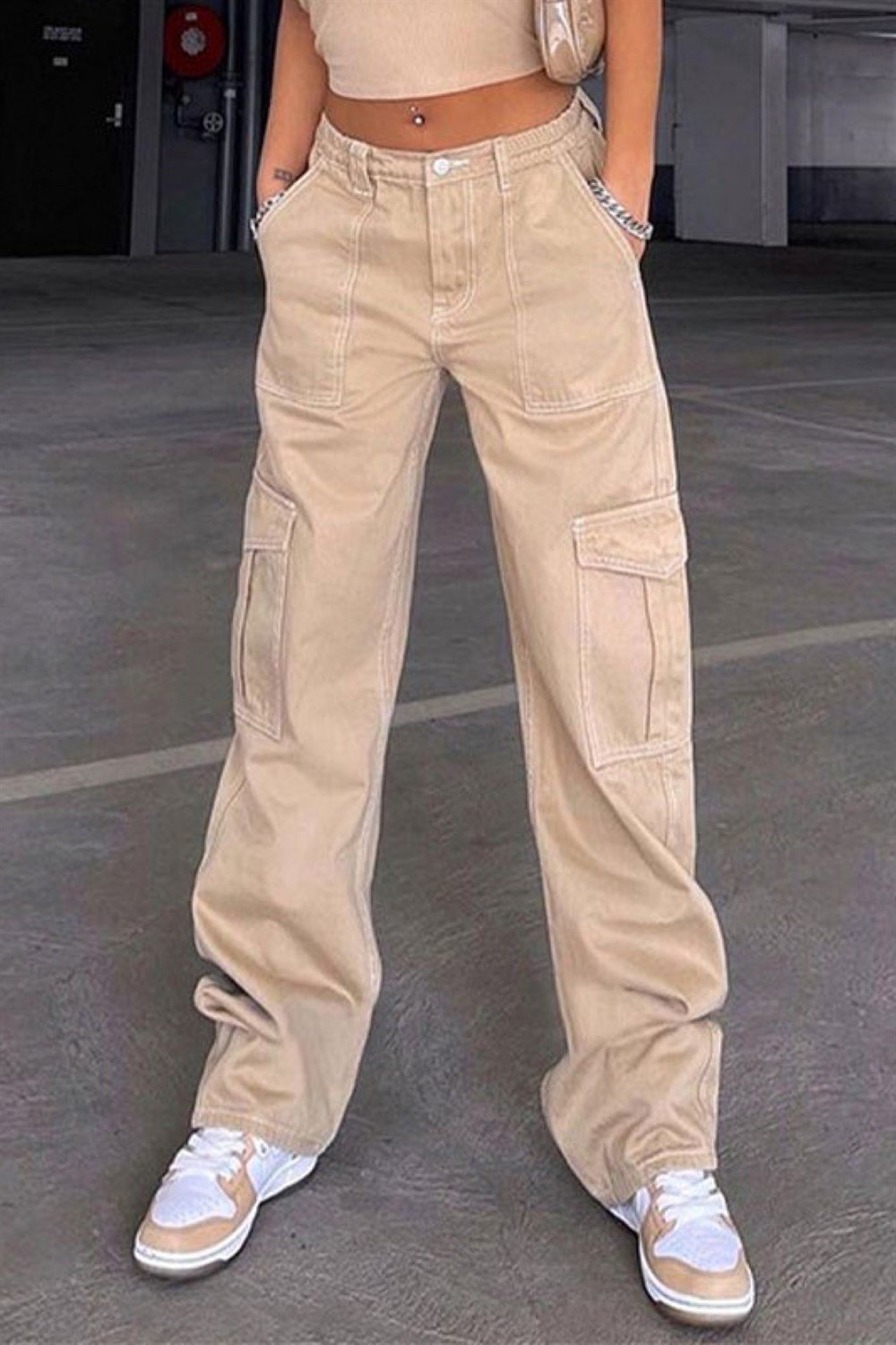 Krem Cep Detay Kargo Pantolon