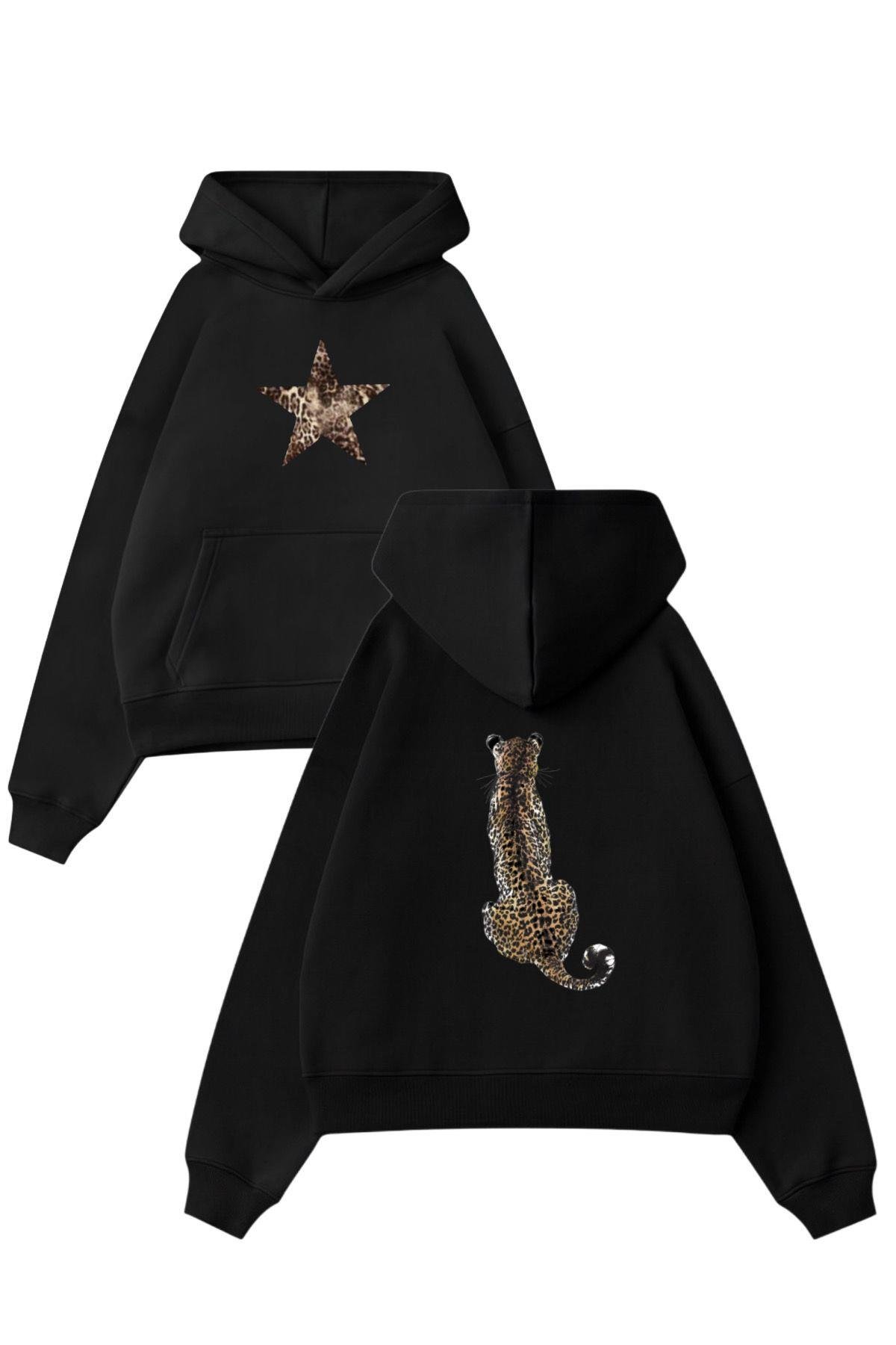 Leopard Star 3 İplik Oversize Sweatshirt
