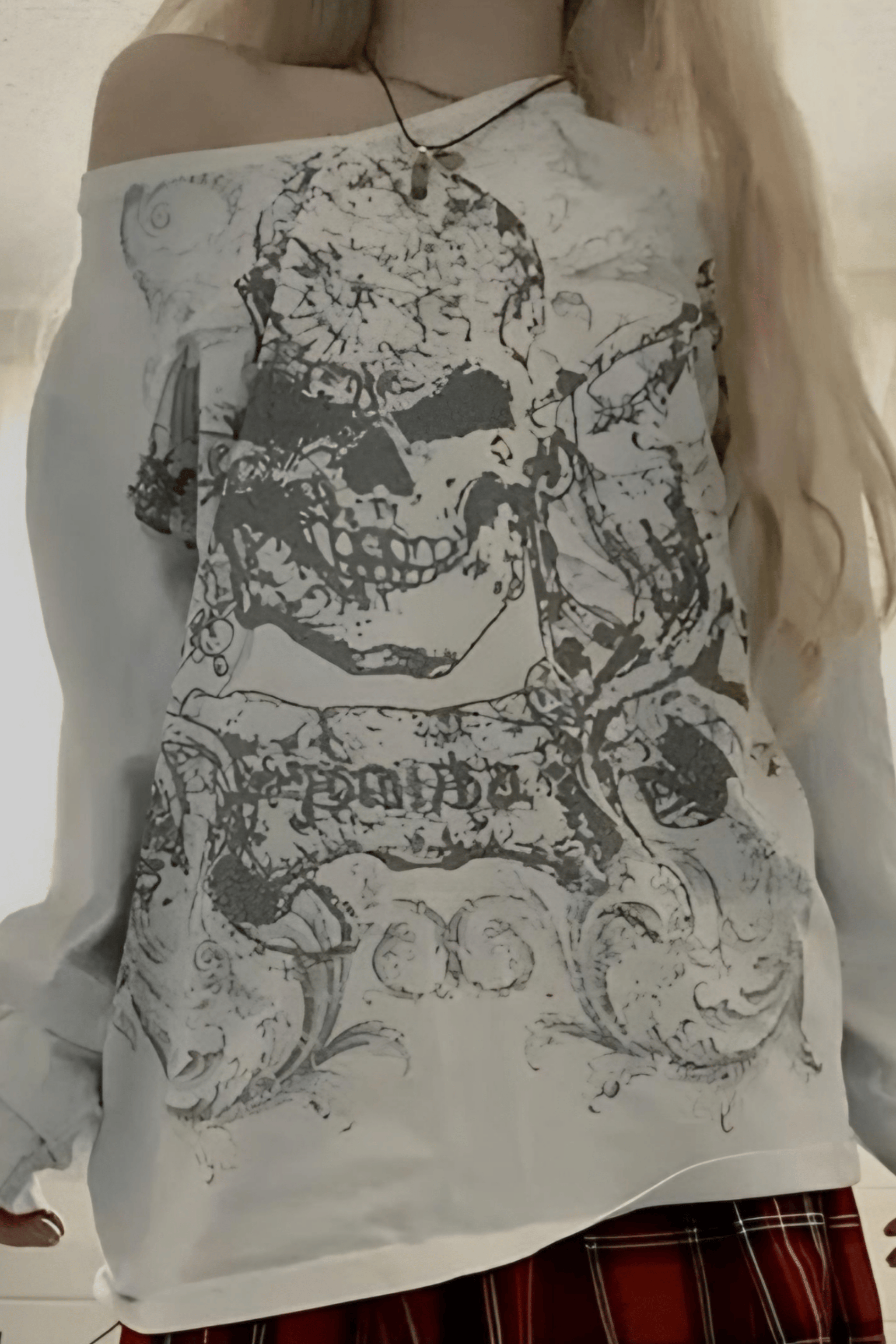 Omuz Açık Skull Pattern Sweatshirt