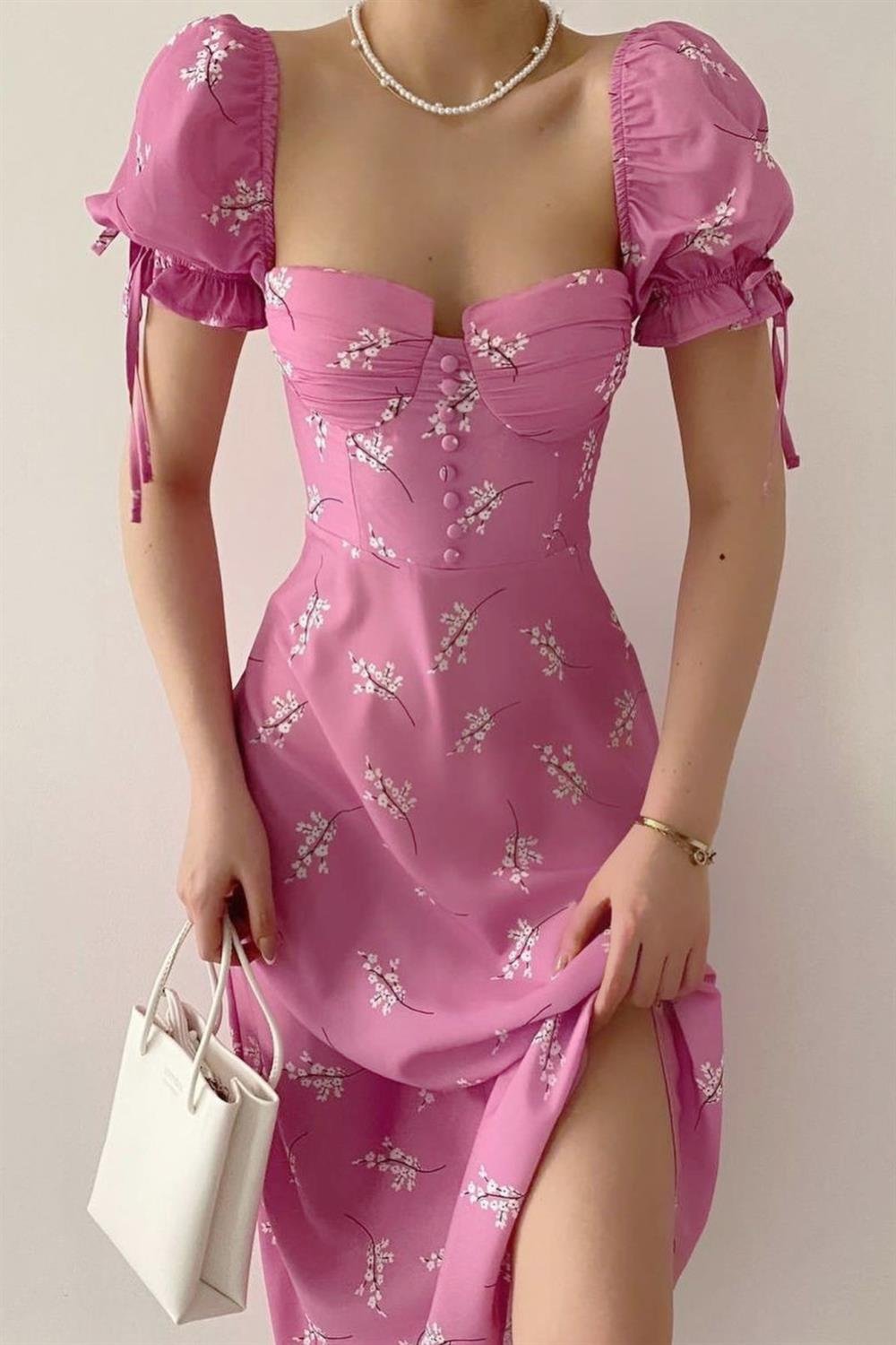 Önü Düğmeli Çiçekli Midi Elbise