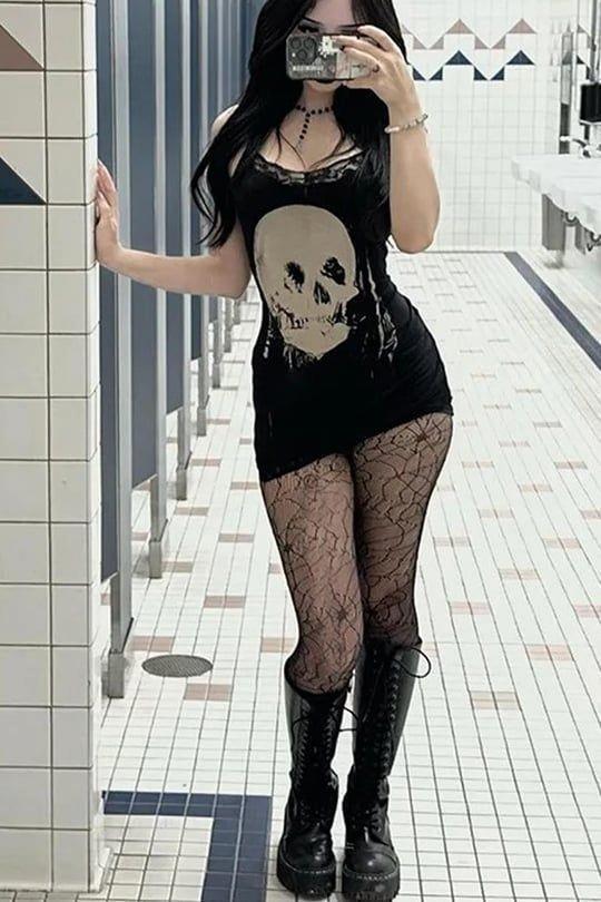Siyah Gothic Skull Askılı Elbise