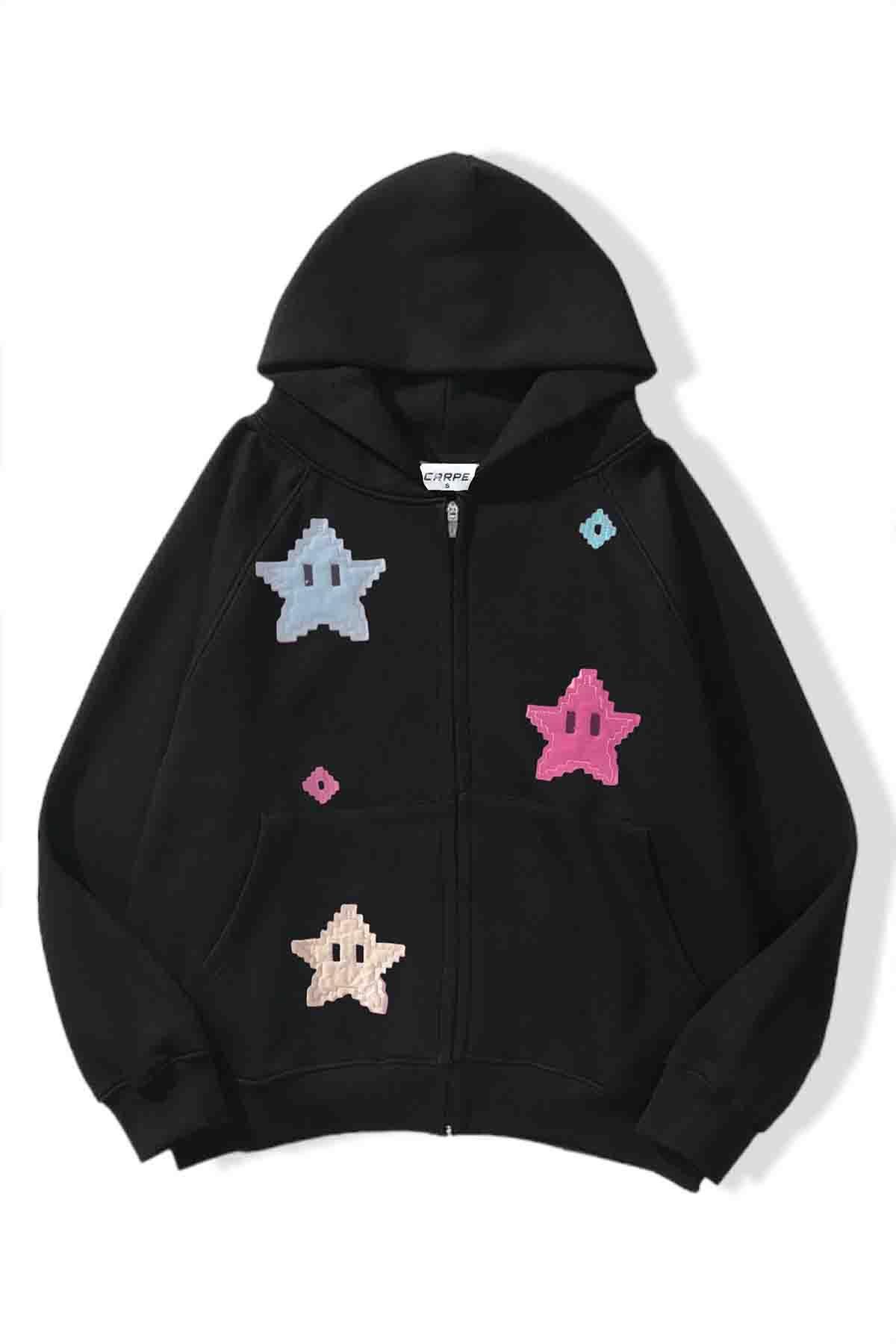 Siyah Pixel Stars Hırka