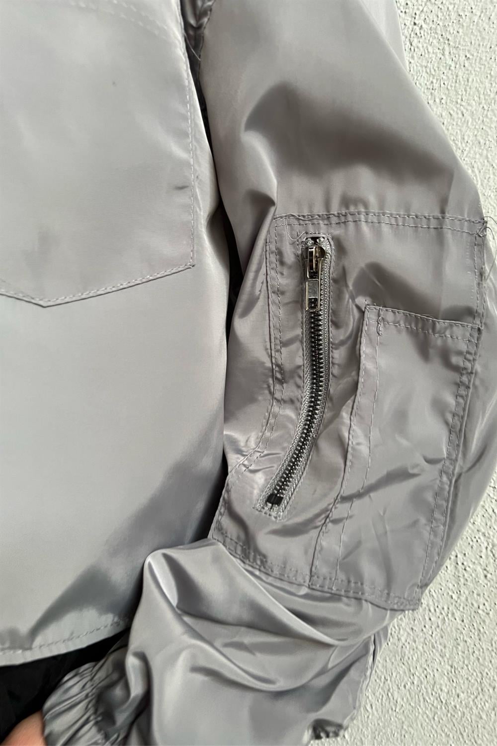 Sleeve Detail Gray Paraşüt Ceket
