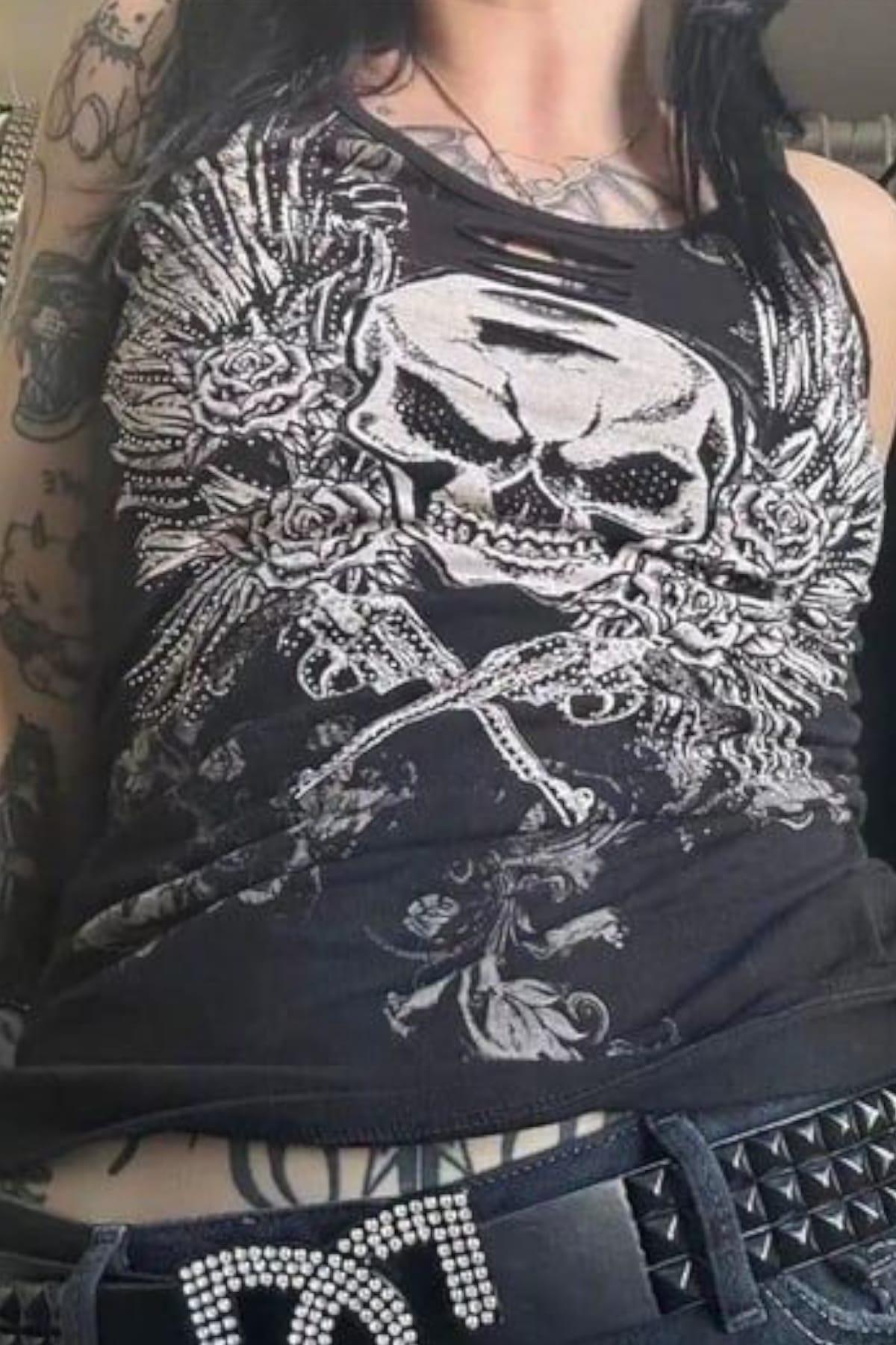 Vintage Skull Full Body Askılı Crop