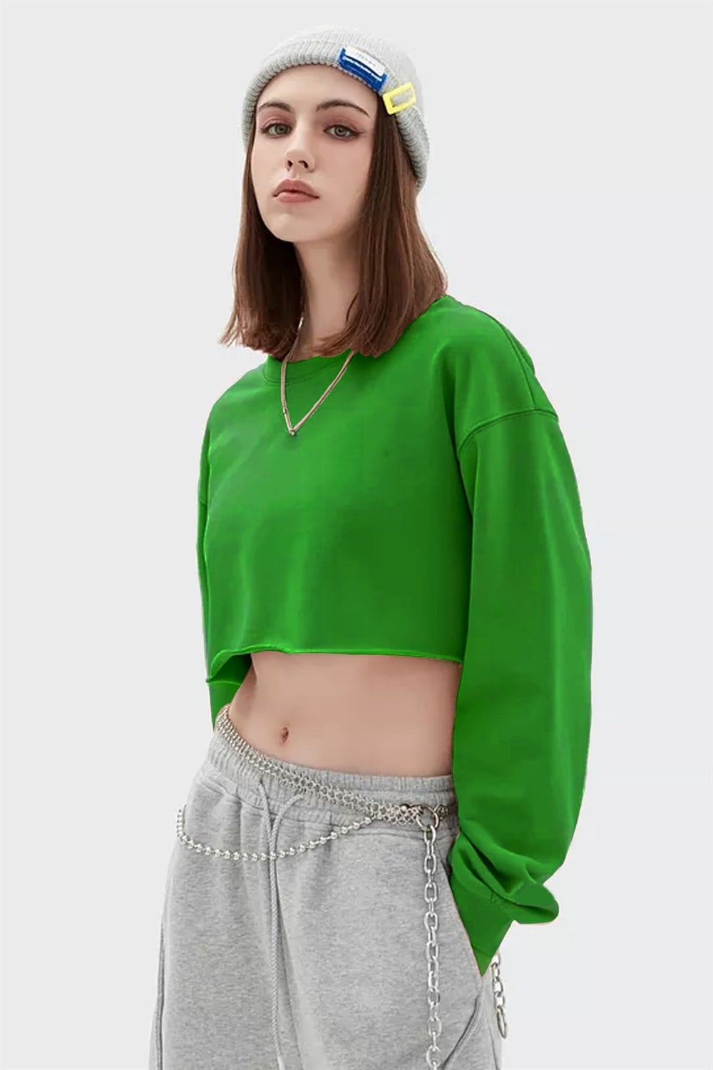 Yeşil Basic Crop Sweatshirt
