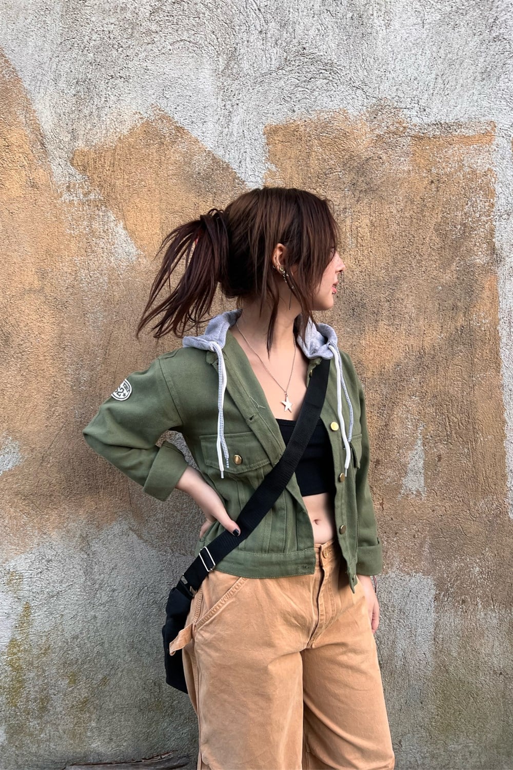 Yeşil Kapşonlu Denim Ceket