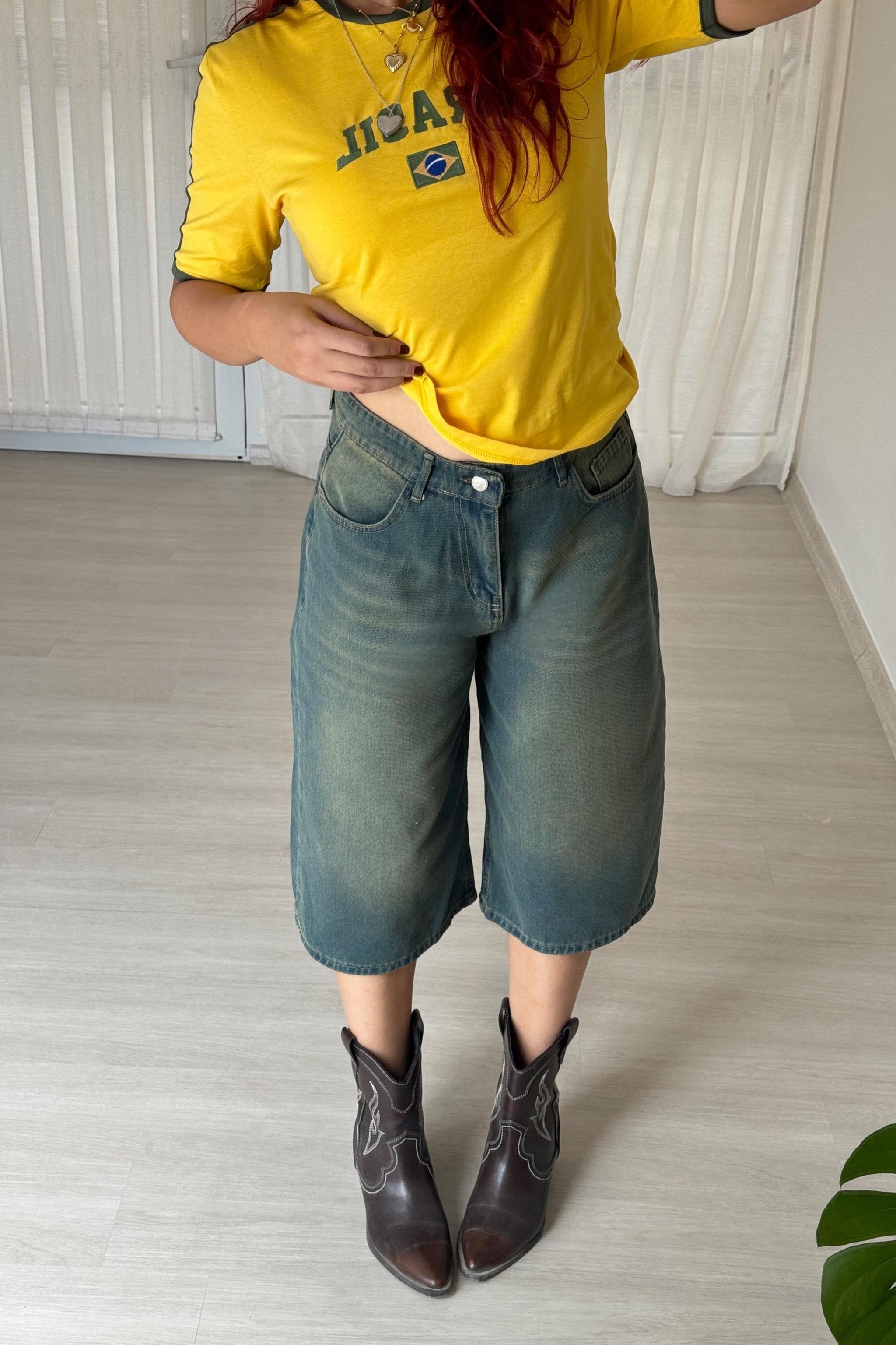 Yıkamalı Yeşil Kısa Şort