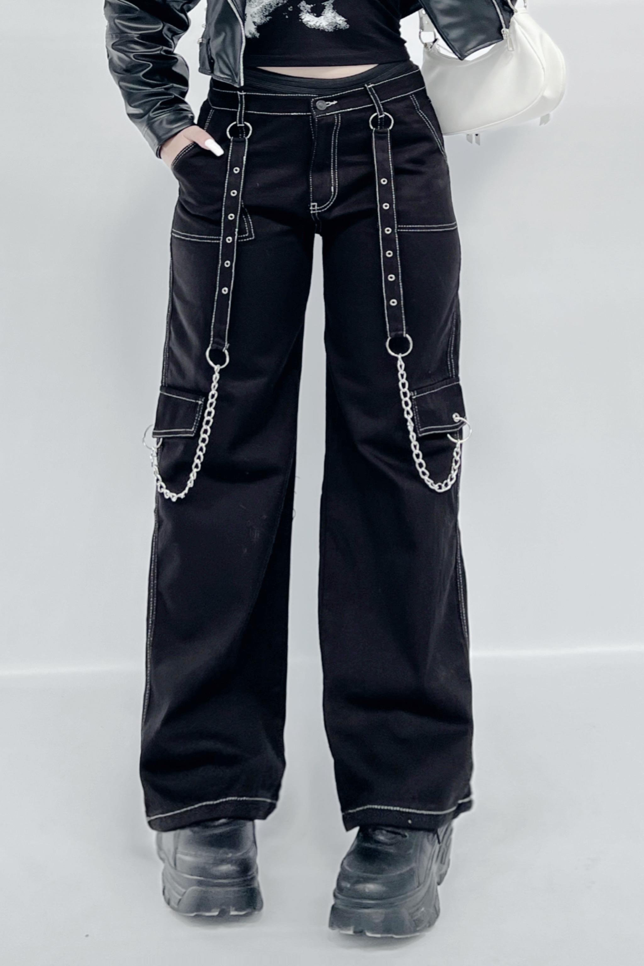 Zincir Detay Beyaz Dikişli Siyah Kargo Pantolon