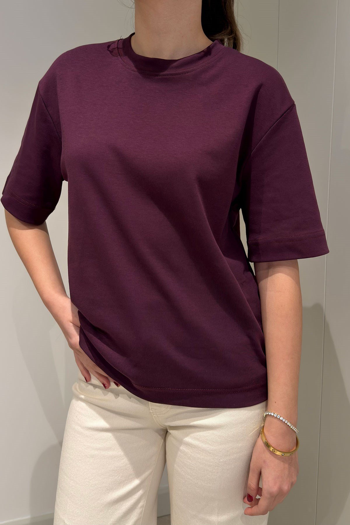 %100 Pamuk Kısa Kol Basic T-shirt- BORDO