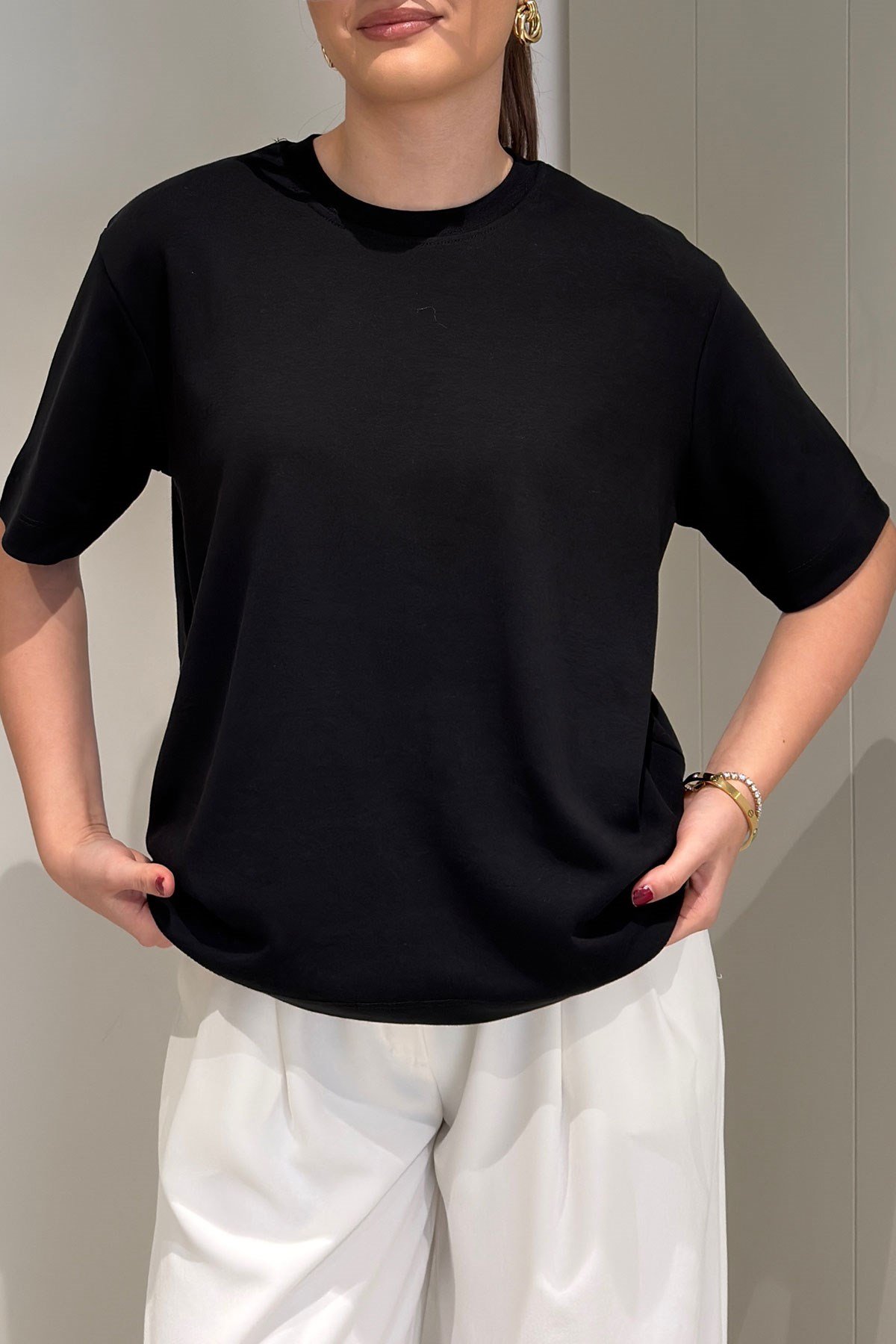%100 Pamuk Kısa Kol Basic T-shirt- SİYAH