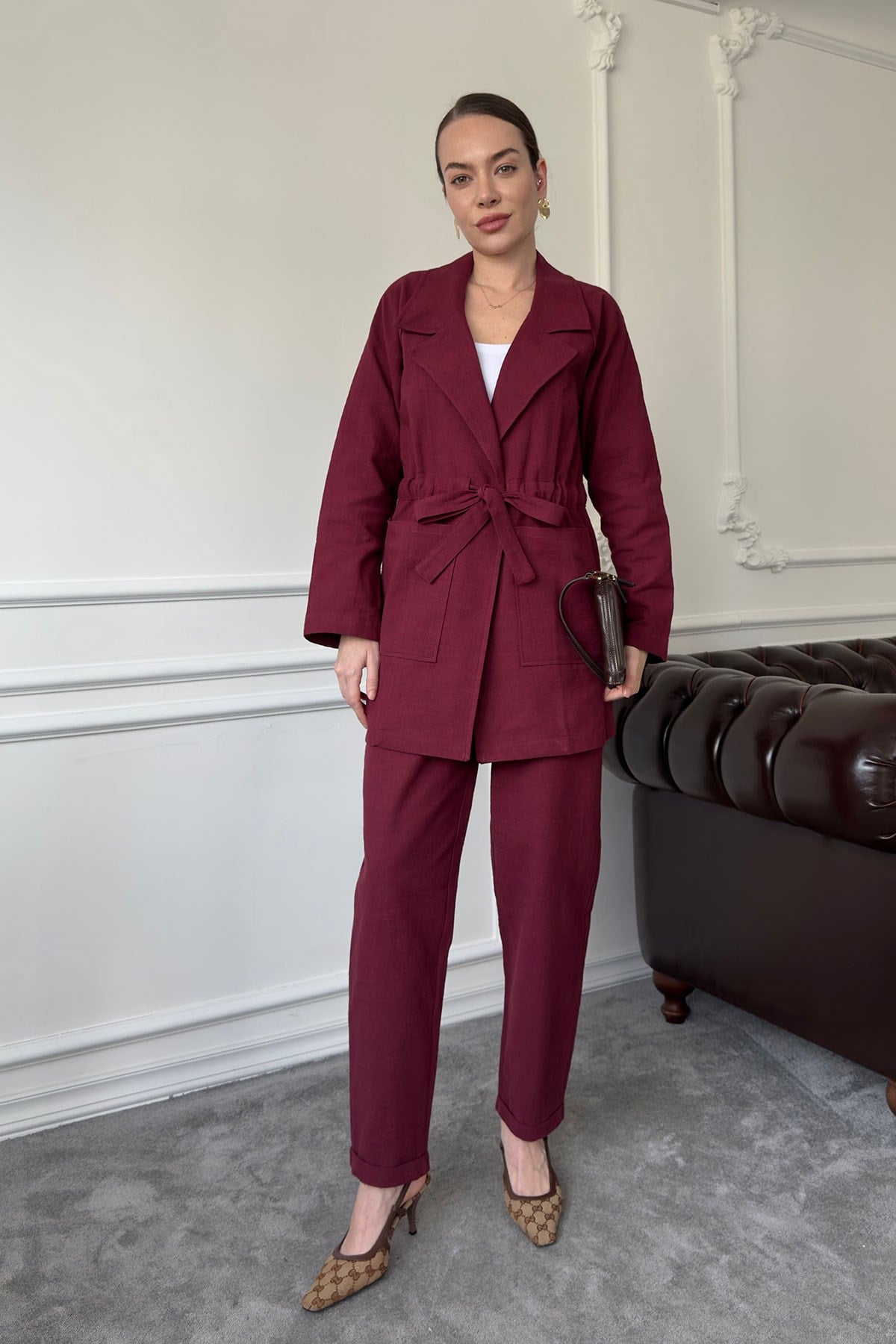 Bağlamalı Keten Takım- BORDO