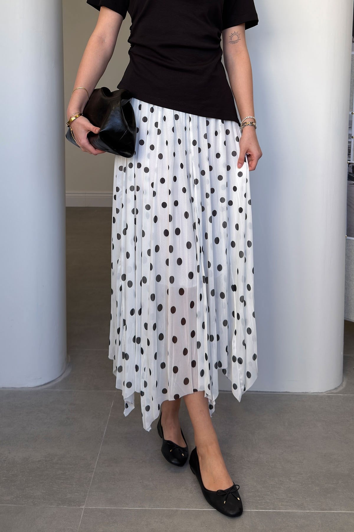Beli Lastikli Astarlı Piliseli Puantiyeli Tül Etek- EKRU
