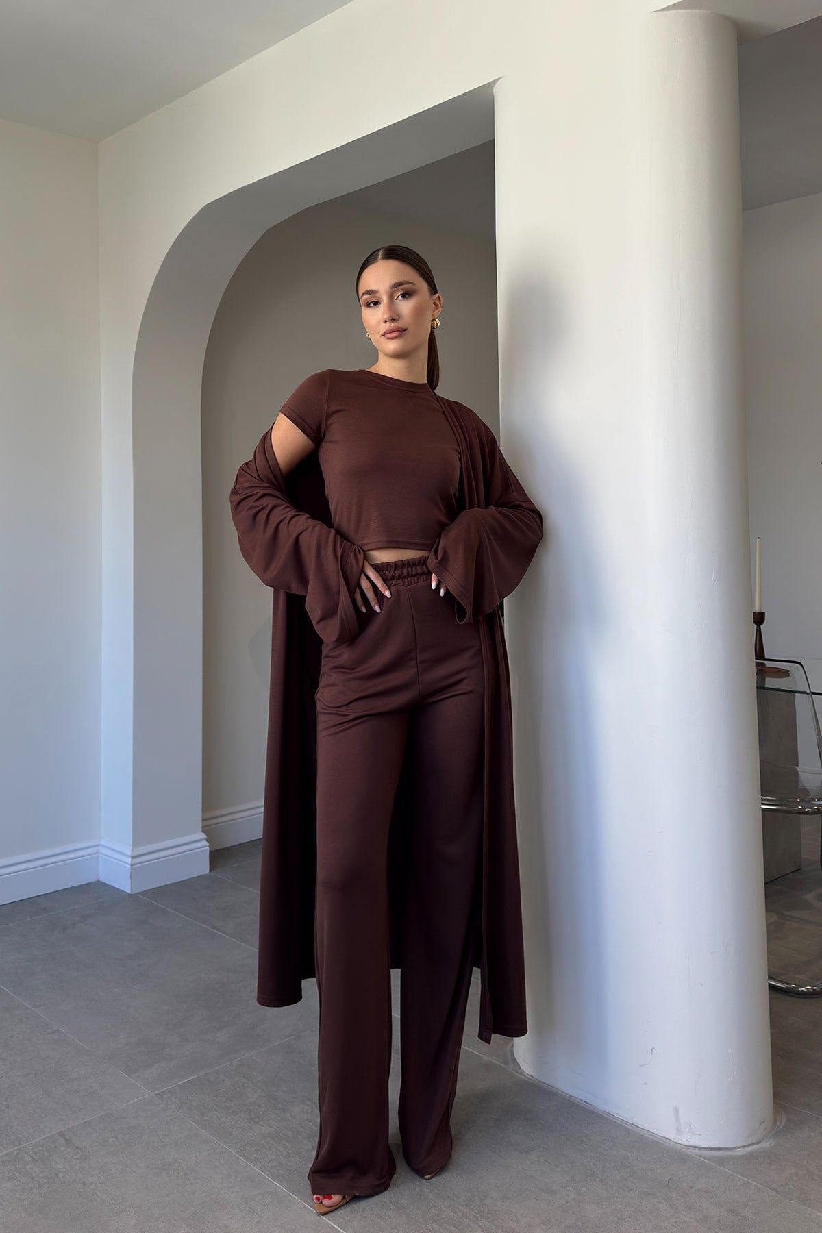 BLUZ PANTOLON KİMONO TAKIM- KAHVERENGİ