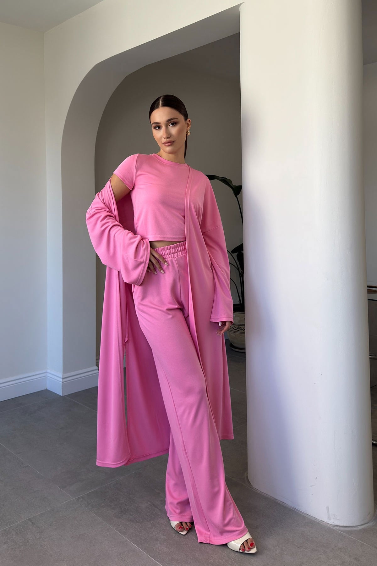 BLUZ PANTOLON KİMONO TAKIM- PEMBE