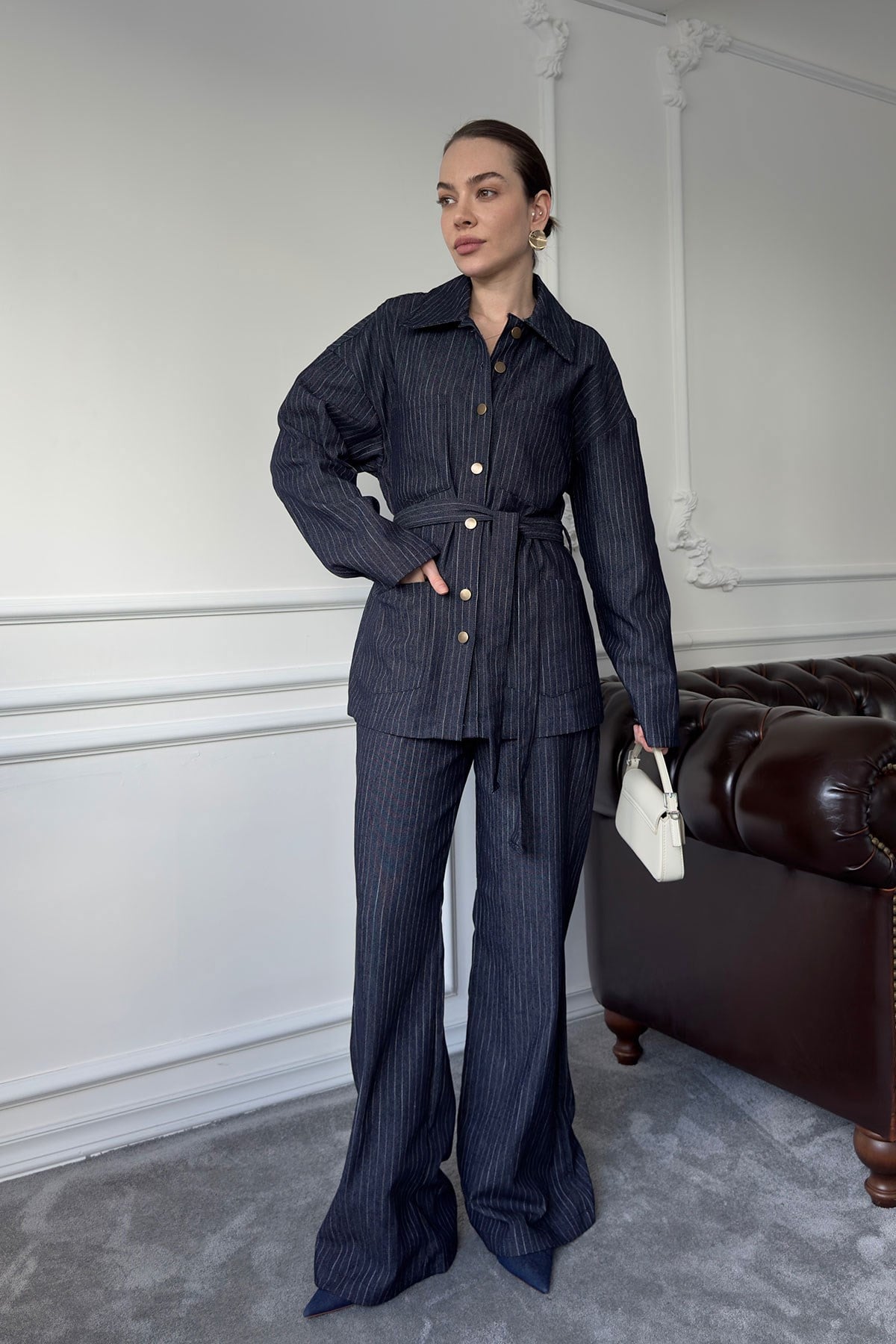 Çizgili Denim Premium Takım- MAVİ