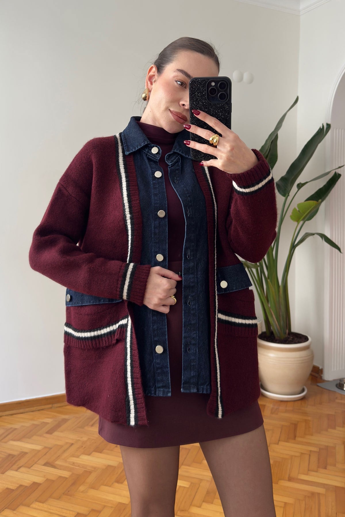 Denim Detay Premium Hırka- BORDO