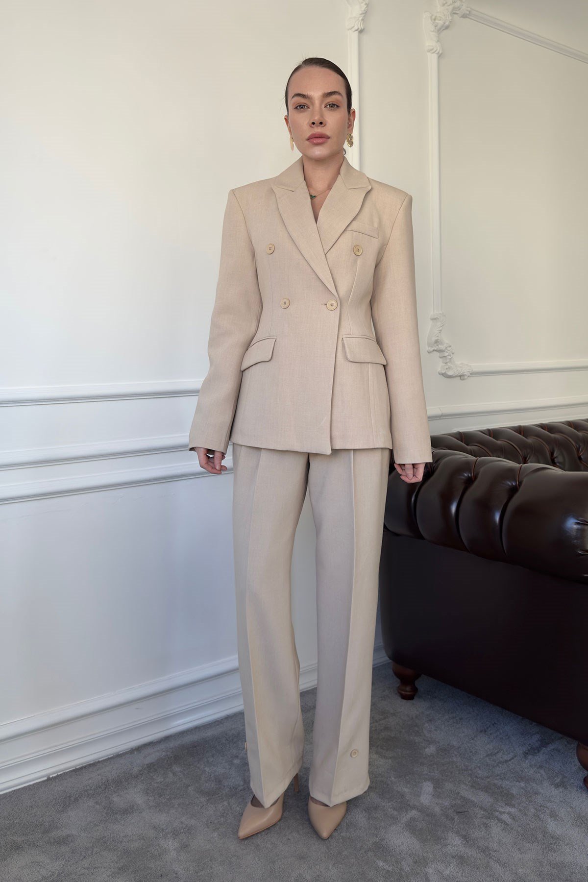 Düğme Detay Blazer Takım- TAŞ