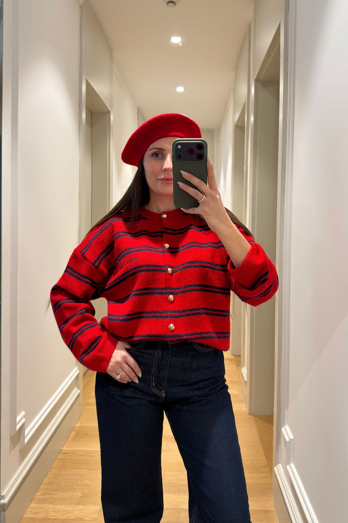 Düğmeli Şeritli Hırka- KIRMIZI