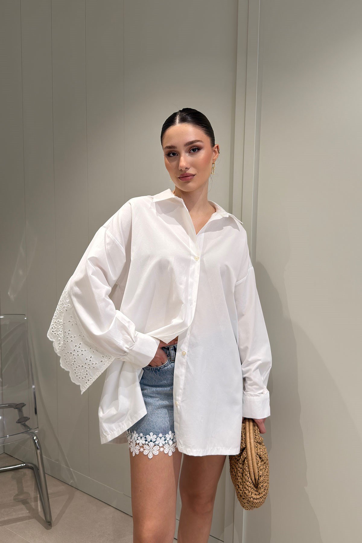 Fisto Detay Oversize Poplin Gömlek- BEYAZ