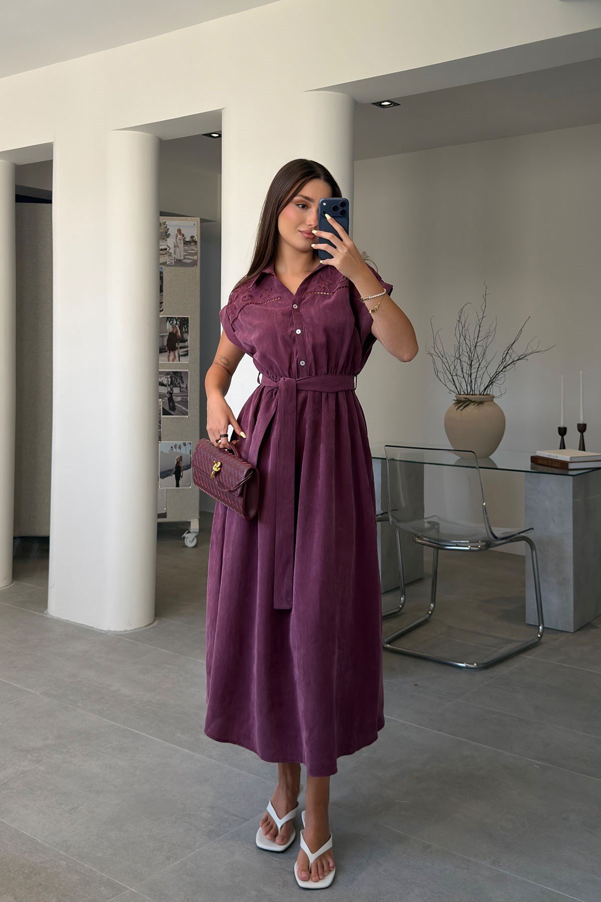 Fisto Detaylı Tensel Elbise- BORDO