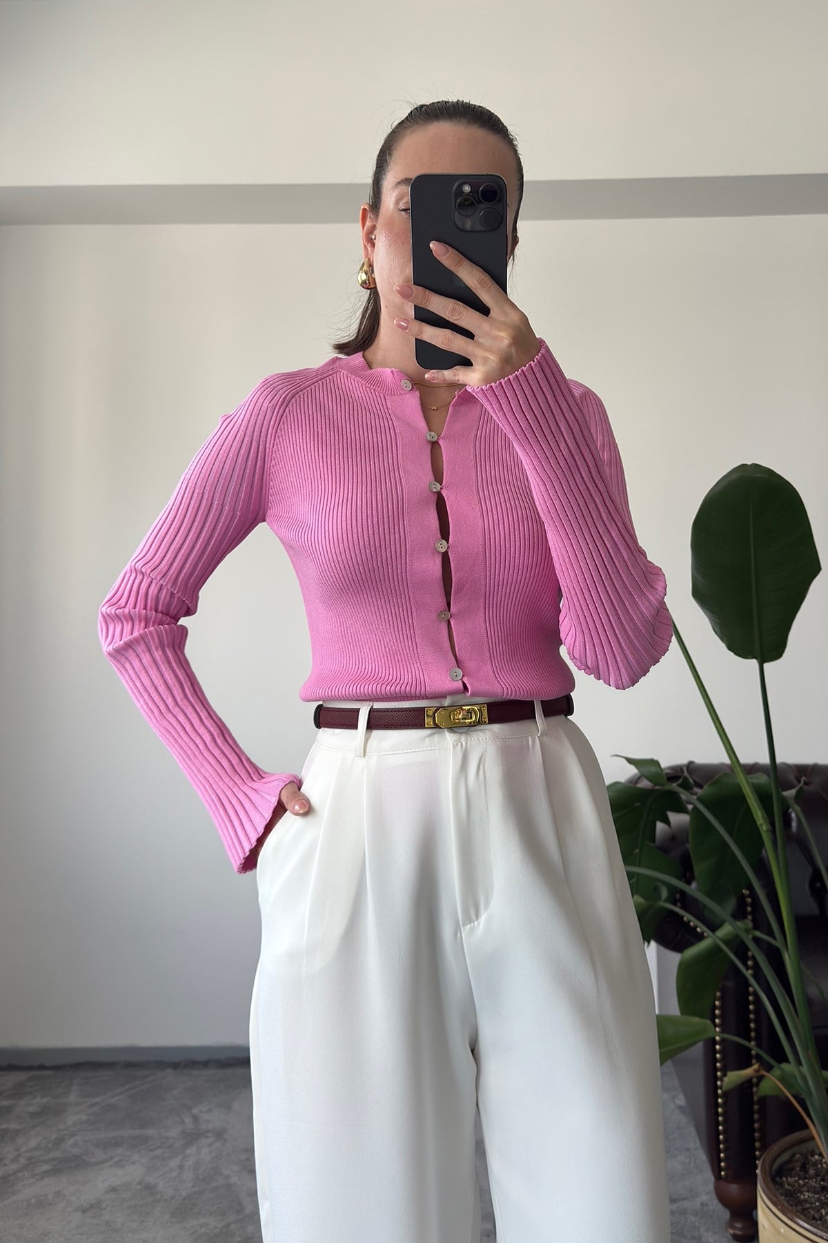Fitilli Düğmeli Özel Seri Hırka- PEMBE