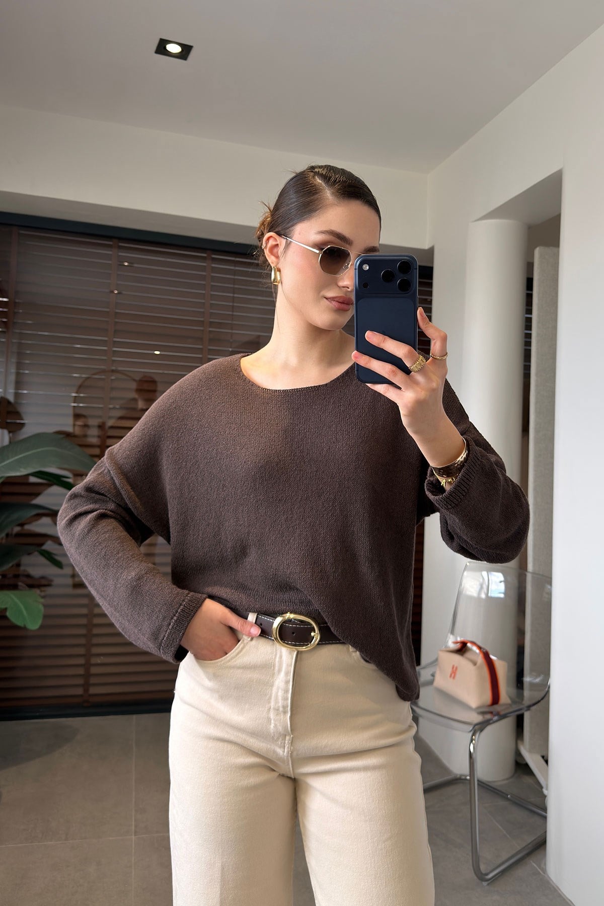 Geniş Yaka Basic Merserize Triko- KAHVERENGİ