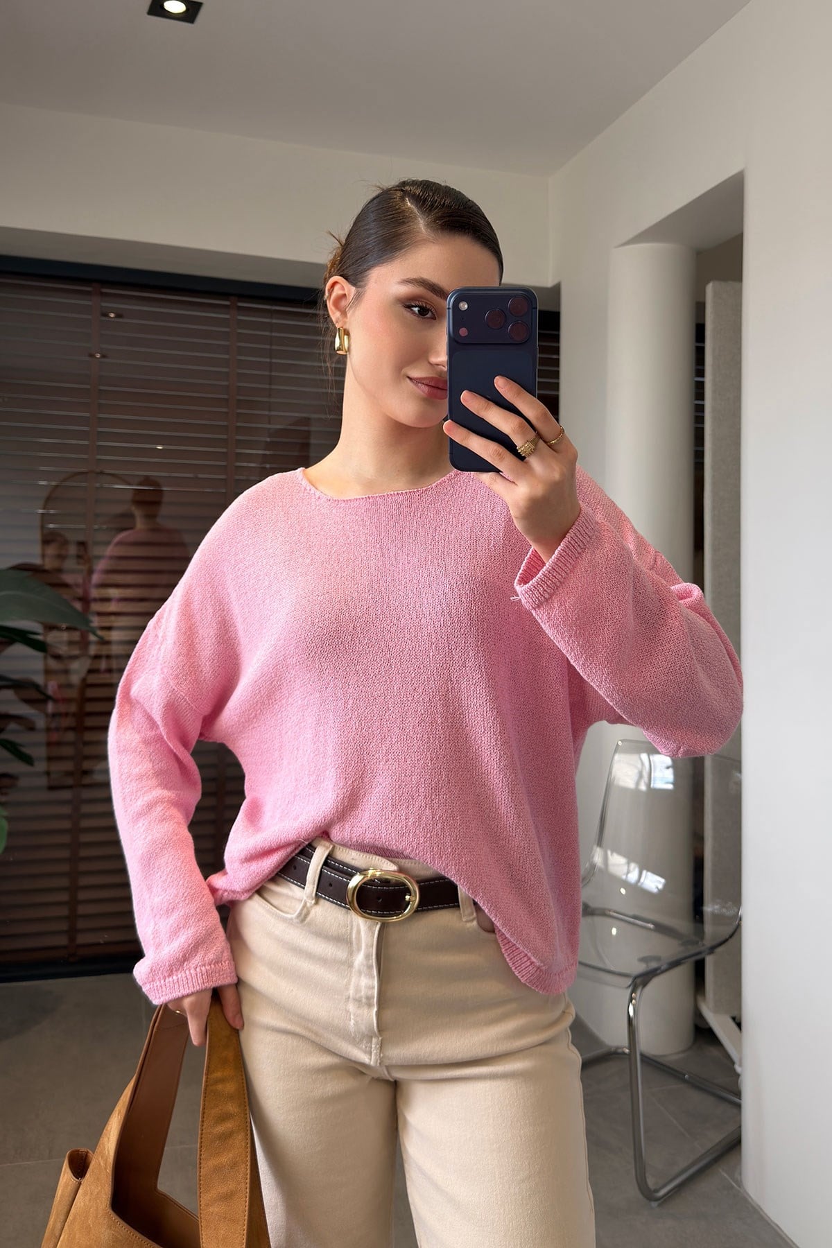 Geniş Yaka Basic Merserize Triko- PEMBE