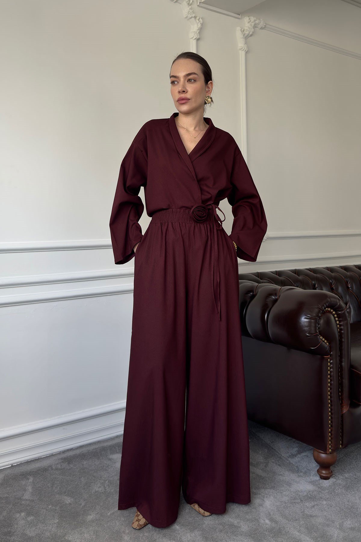 Gül Detay Beli Lastikli Kimono Takım- BORDO