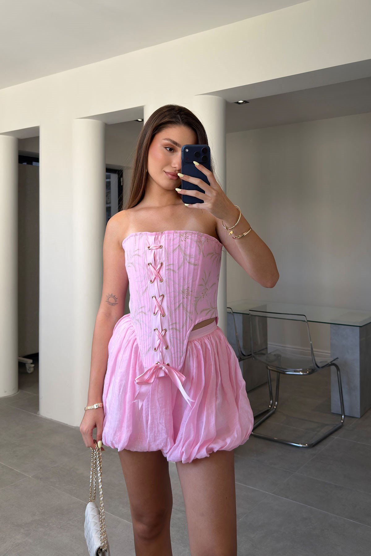 İçi Astarlı Pileli Şort Etek- PEMBE