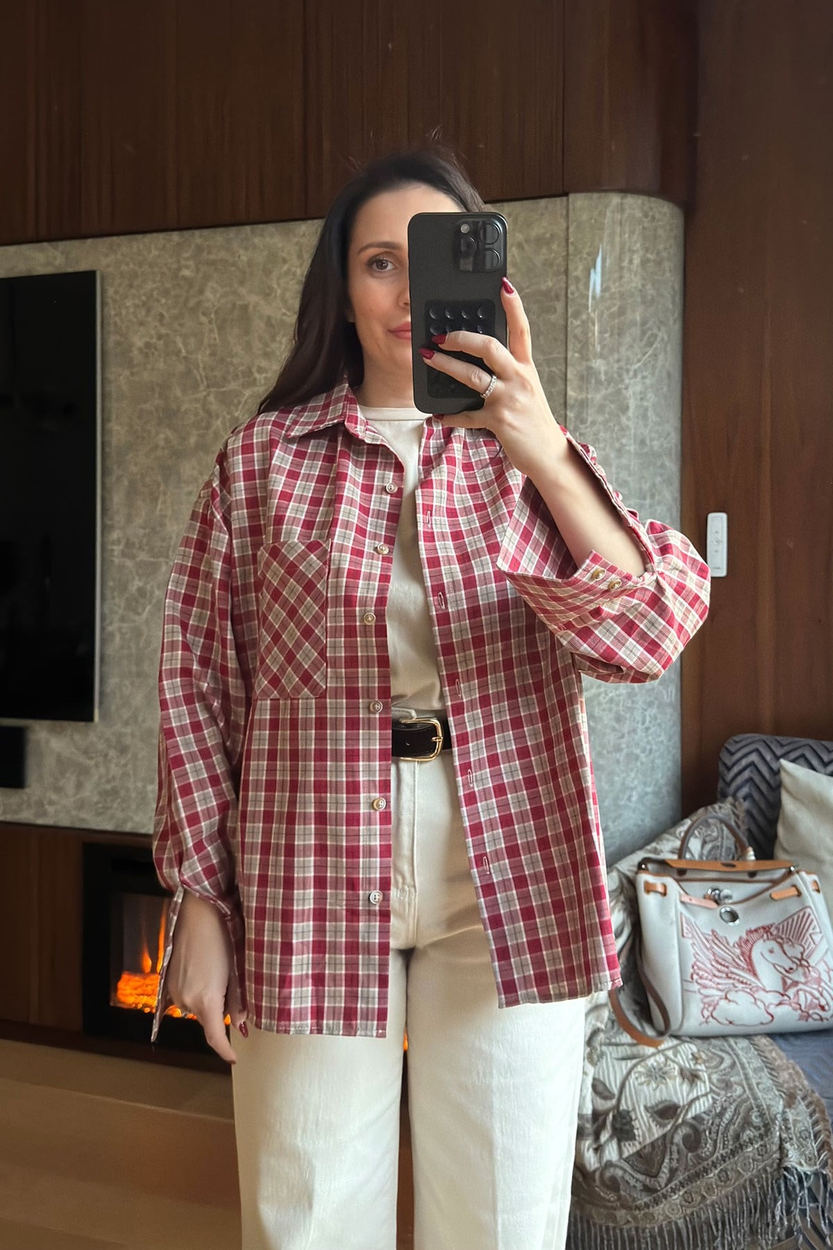 Kareli Ekose Desen Yeni Sezon Oversize Gömlek- KIRMIZI