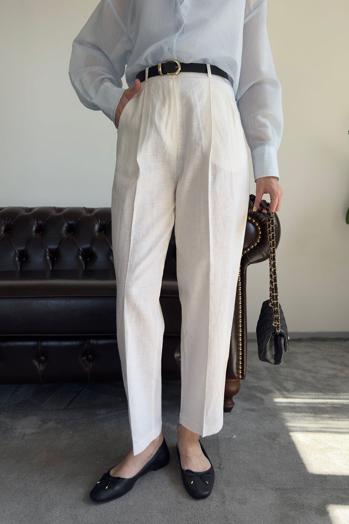 Kemerli Keten Premium Pantolon- EKRU