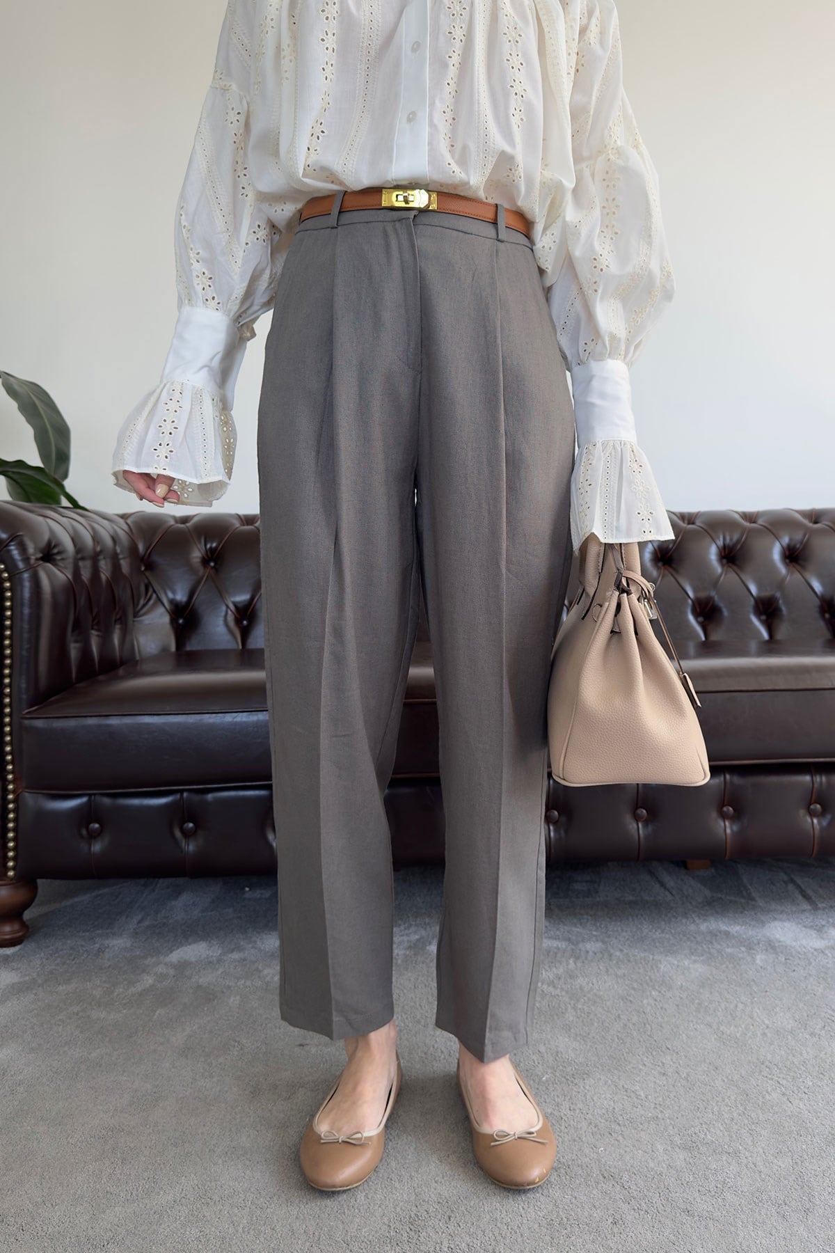 Kemerli Keten Premium Pantolon- FÜME