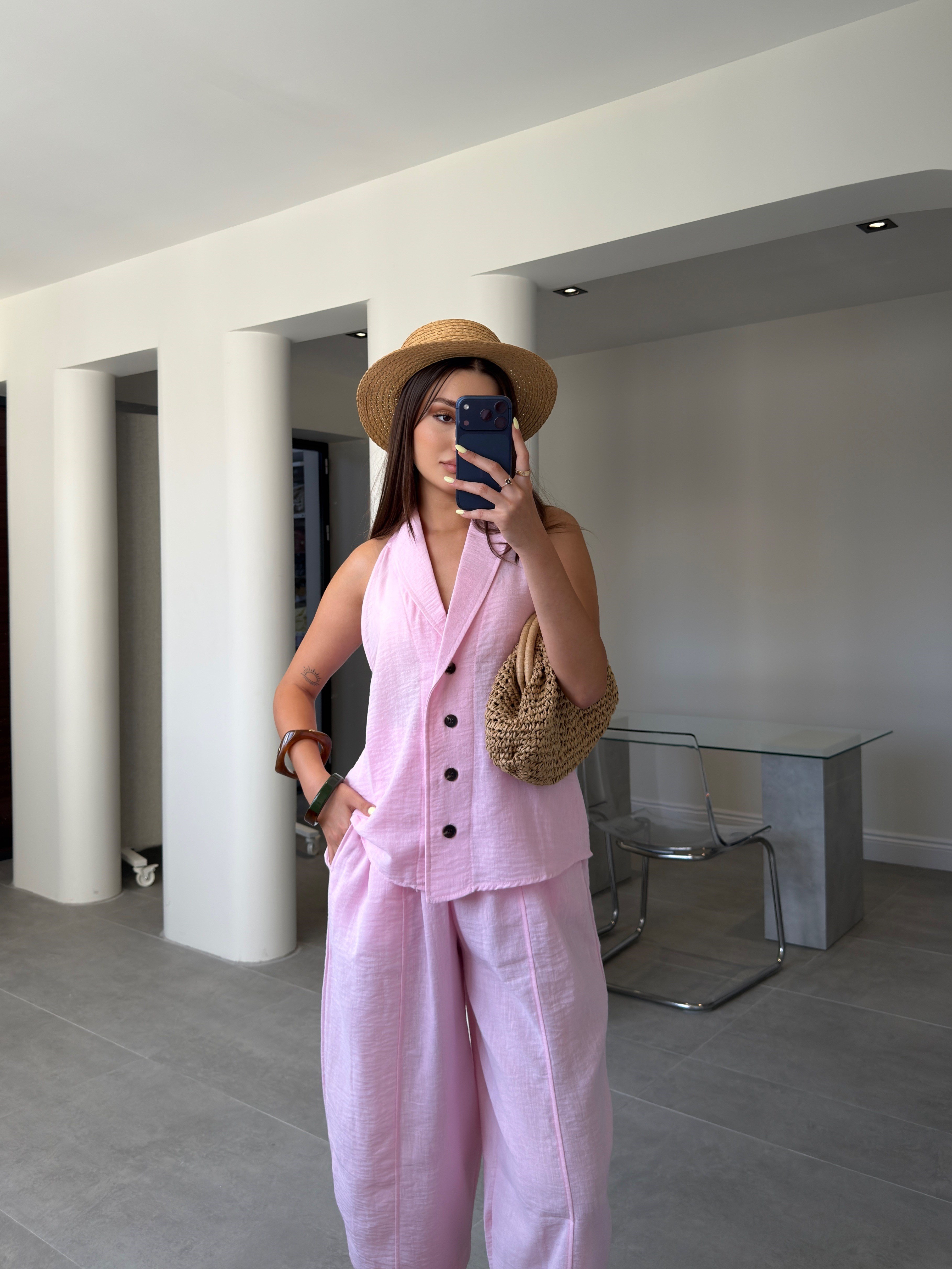 Keten Yelekli Pantolon Premium Takım- PEMBE