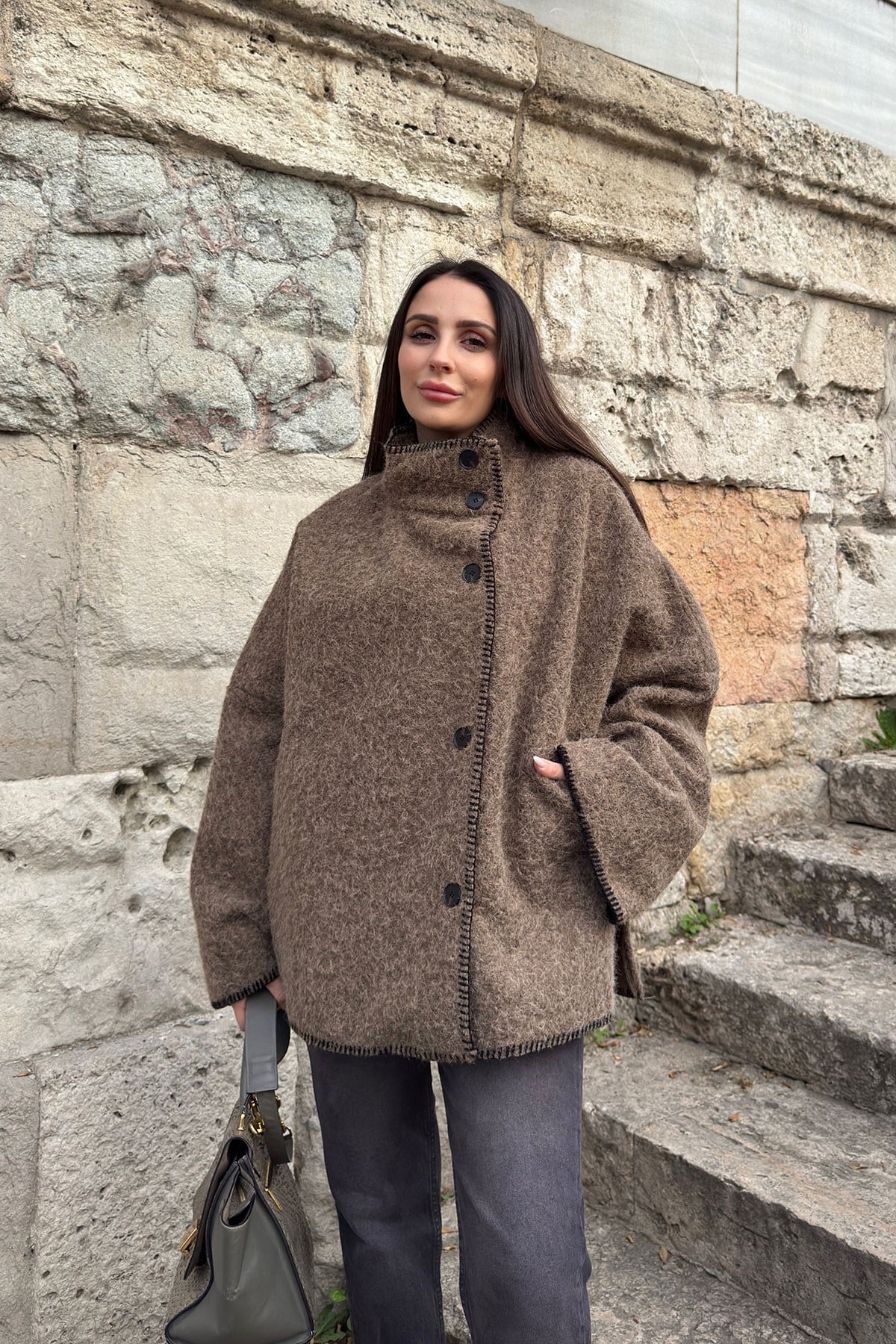 Kroşetalı Kıvırcık Peluş Panço- KAHVERENGİ