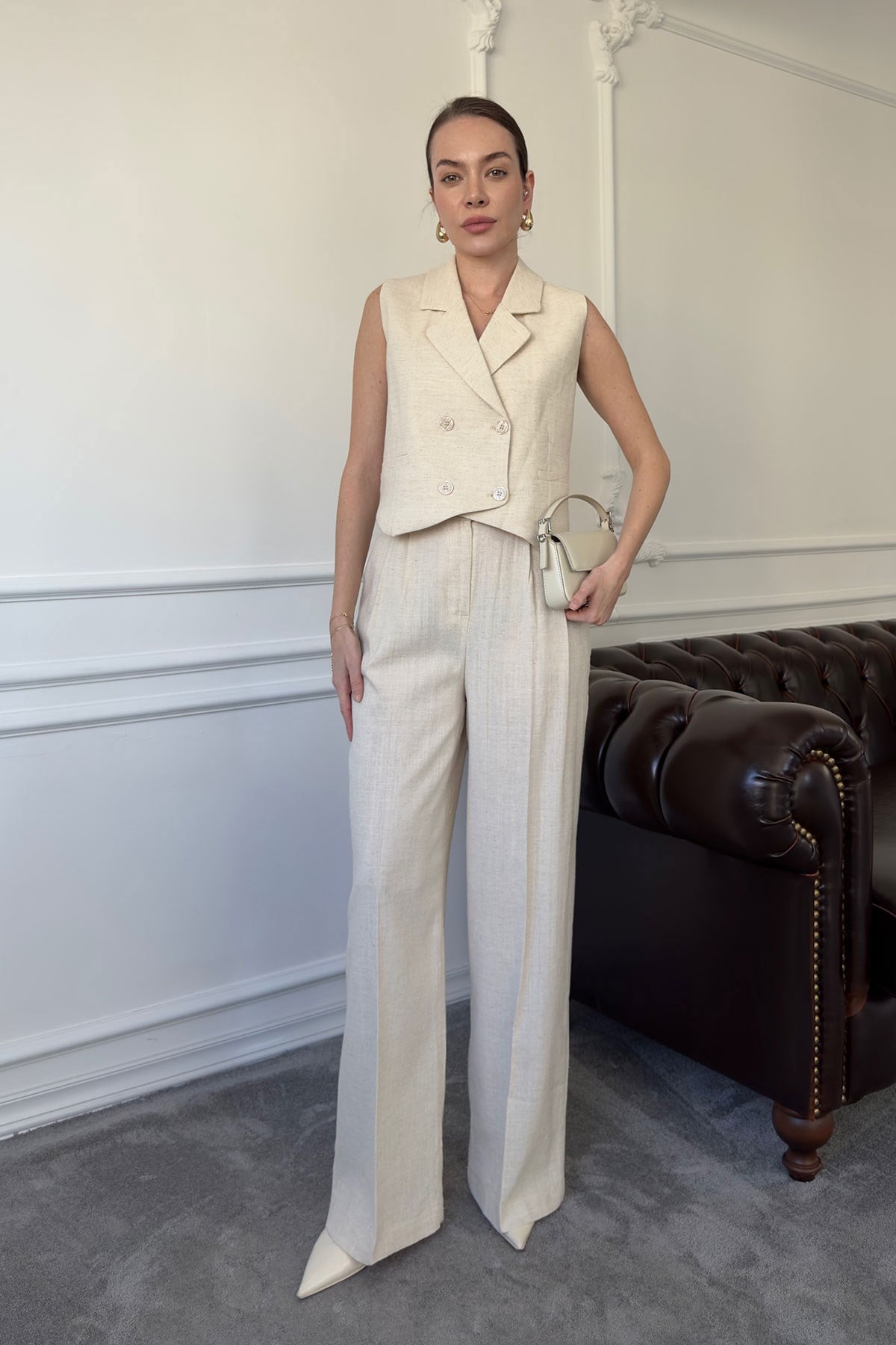Kruvaze Yelekli Keten Takım- TAŞ