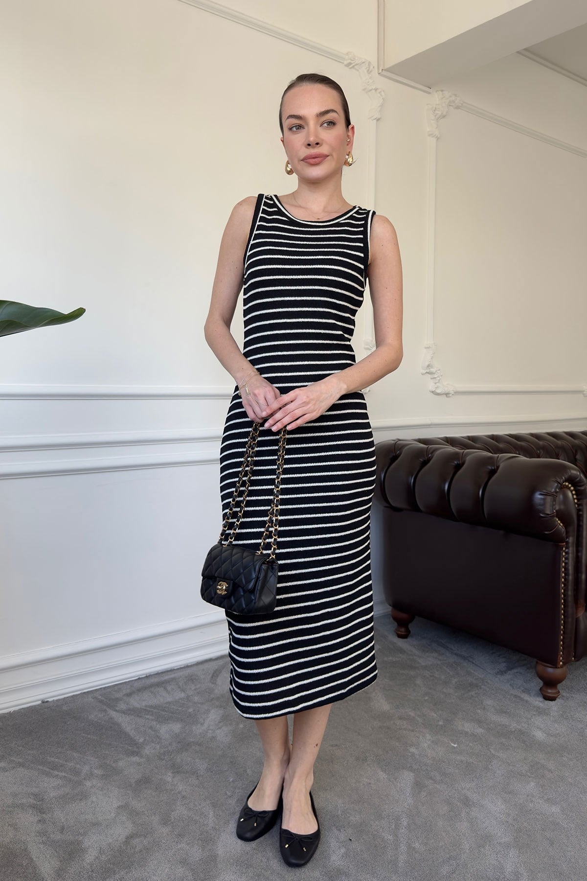 Merserize Çizgili Basic Elbise- SİYAH