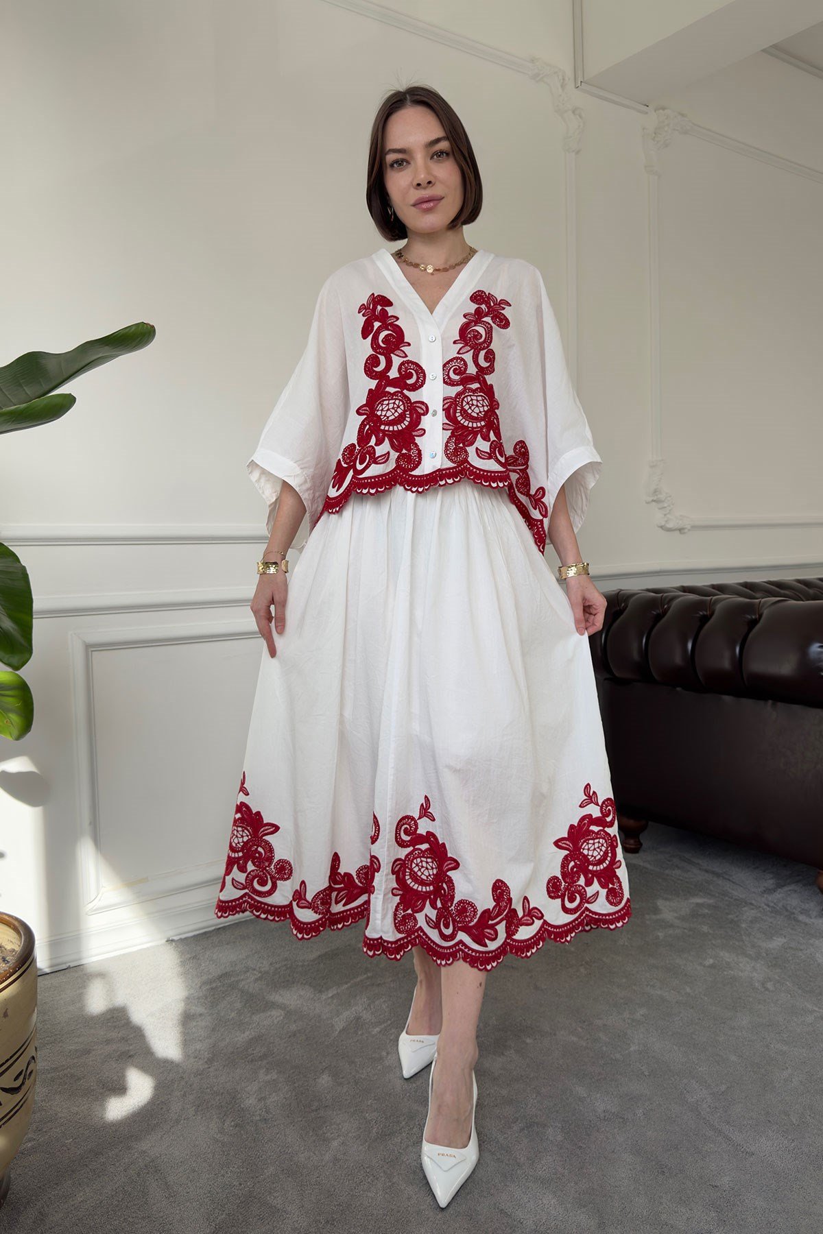 Nakışlı Bolero Etekli Takım- BORDO