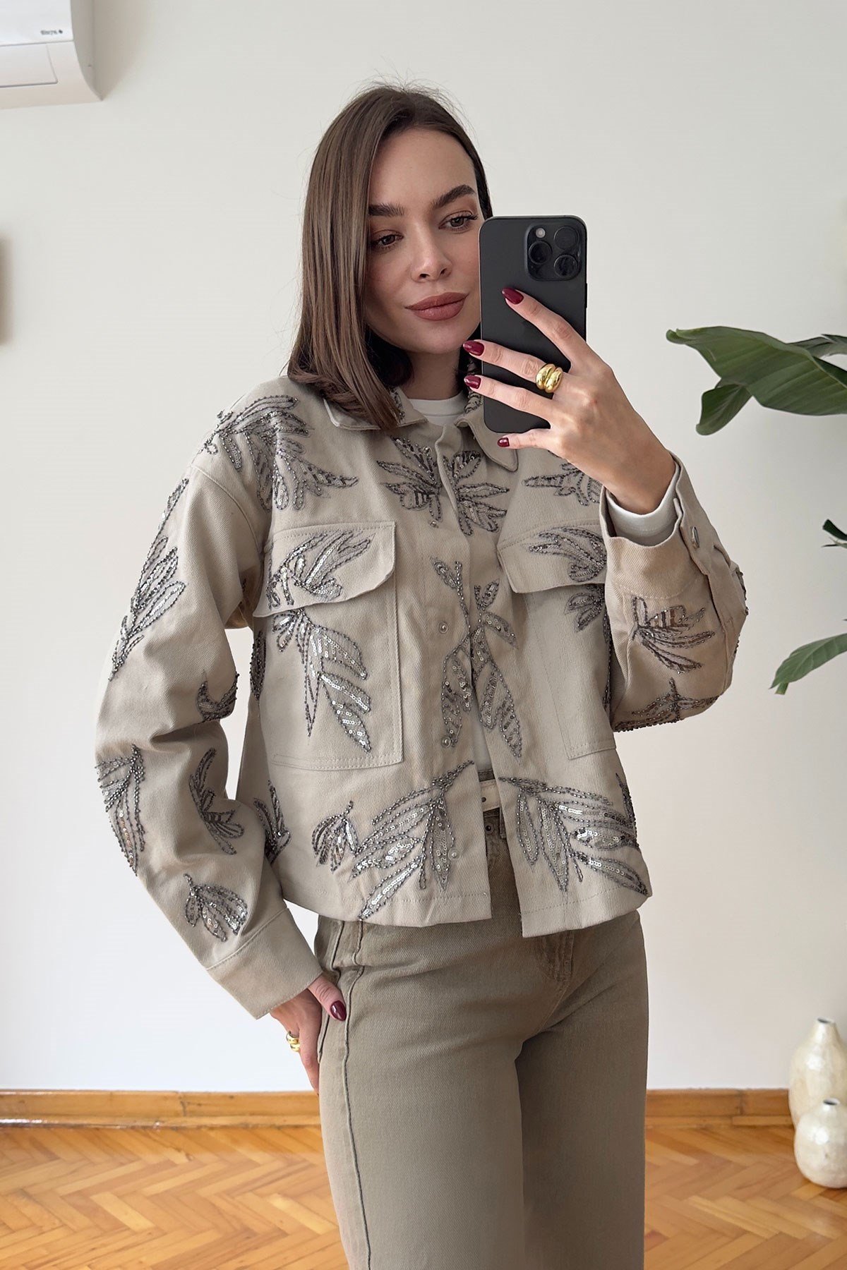 Nakışlı Premium Gabardin Ceket- BEJ
