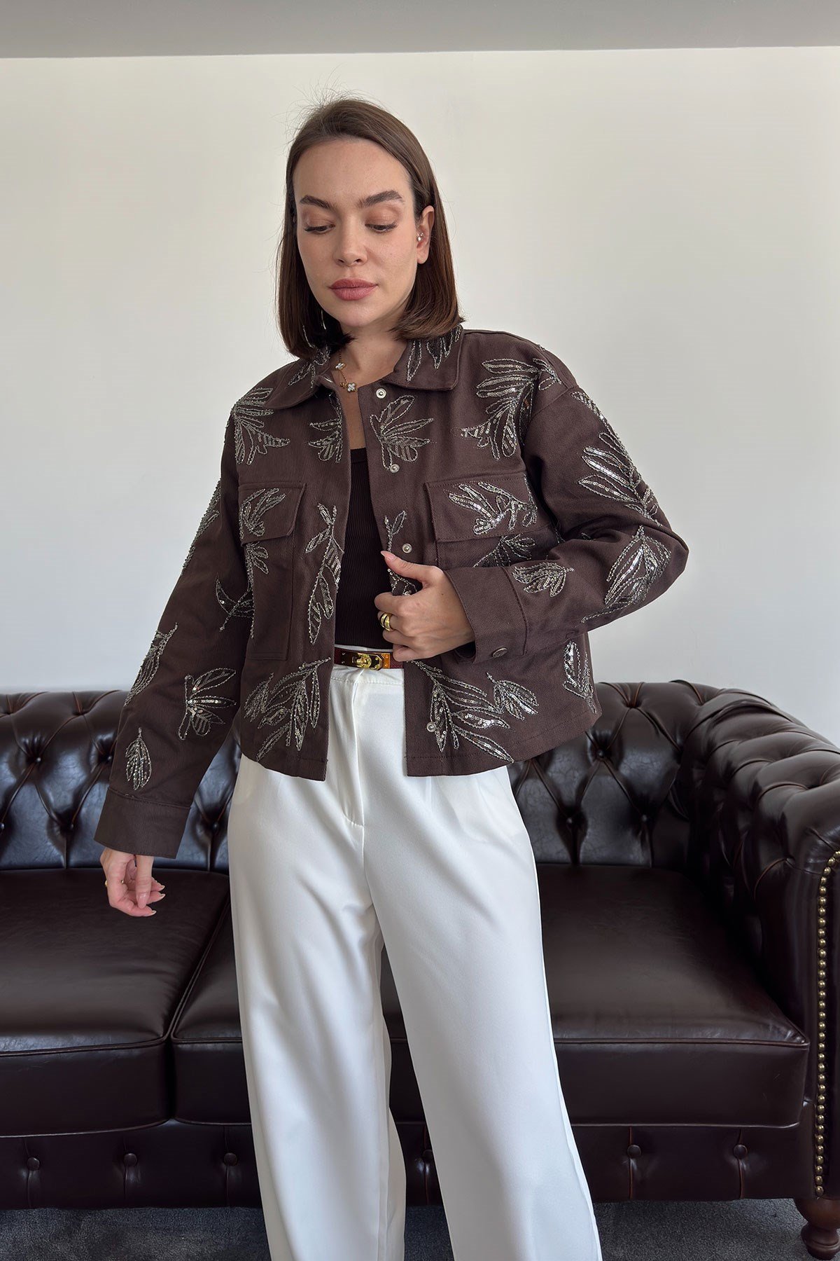 Nakışlı Premium Gabardin Ceket- KAHVERENGİ