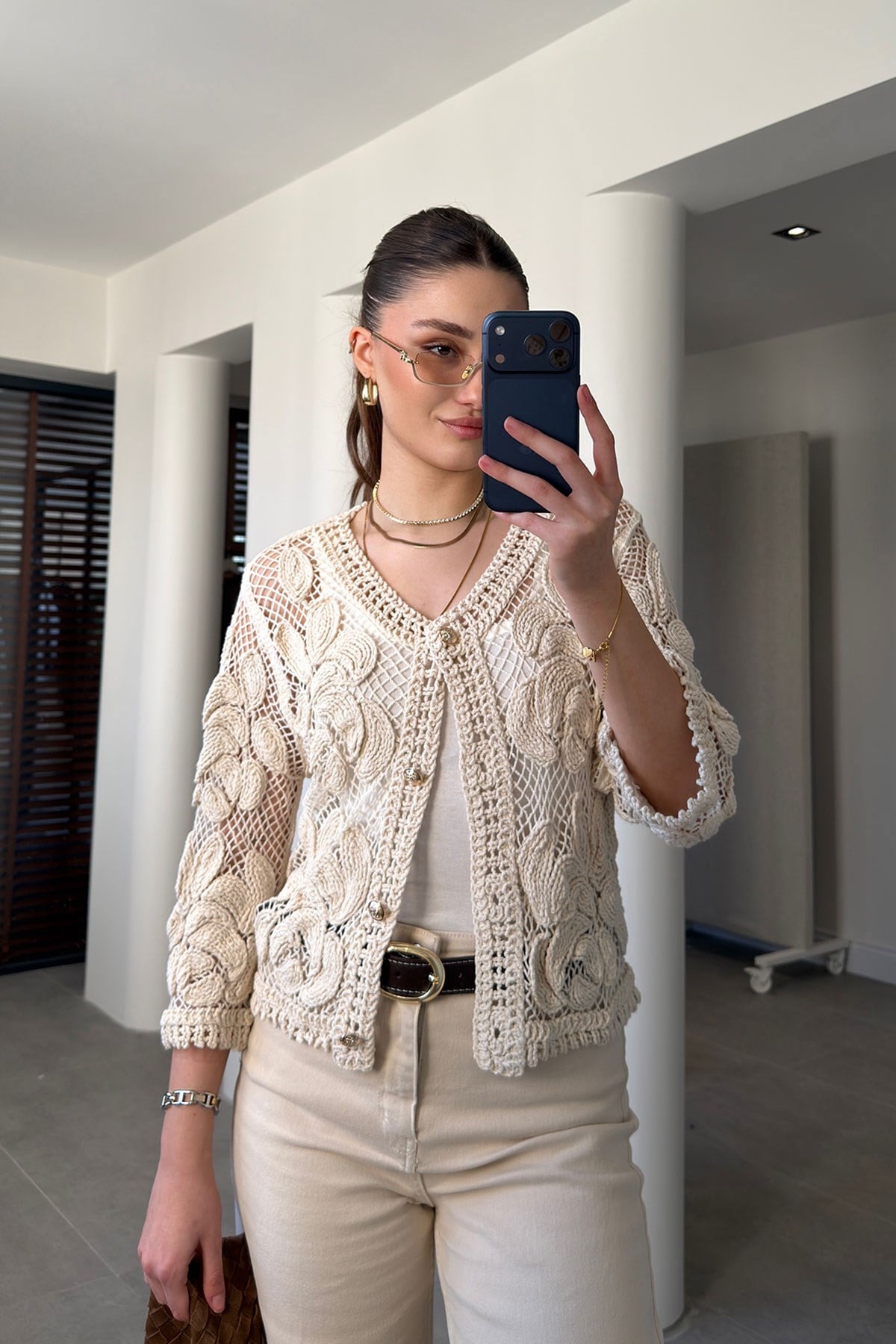 Naturel Gold Düğmeli Makrome Hırka- BEJ