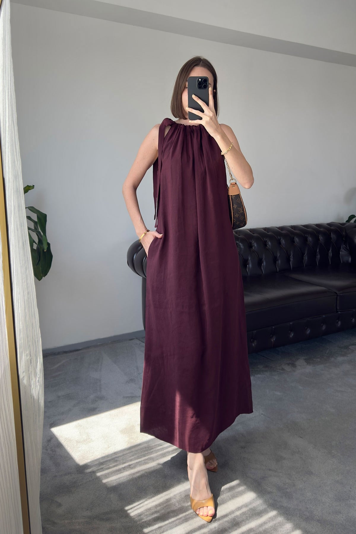 Omuzdan Bağlamalı Premium Elbise- BORDO