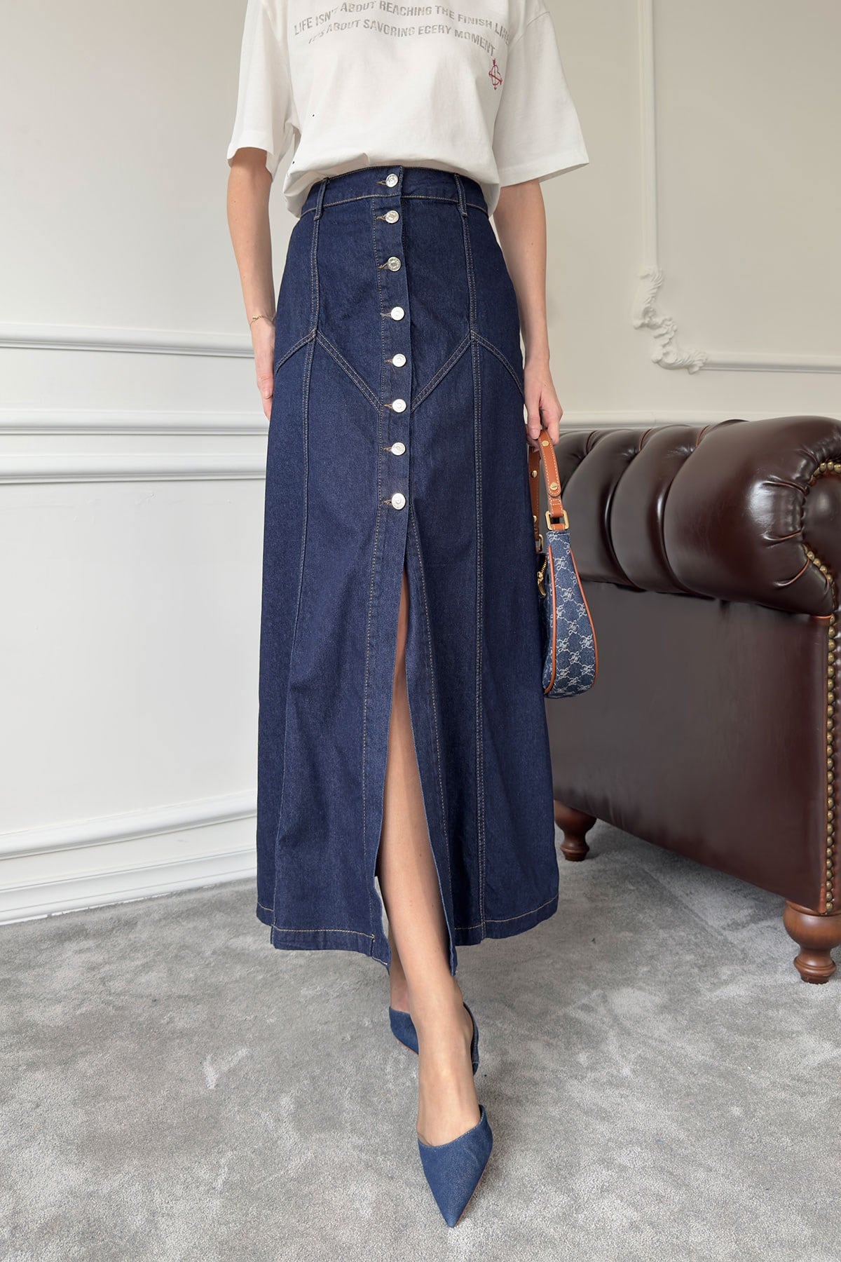 Önü Düğmeli Tasarım Denim Etek- MAVİ