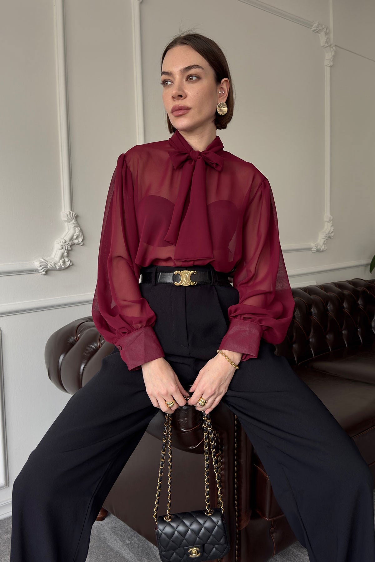 Oversize Bağlamalı Tül Gömlek- BORDO