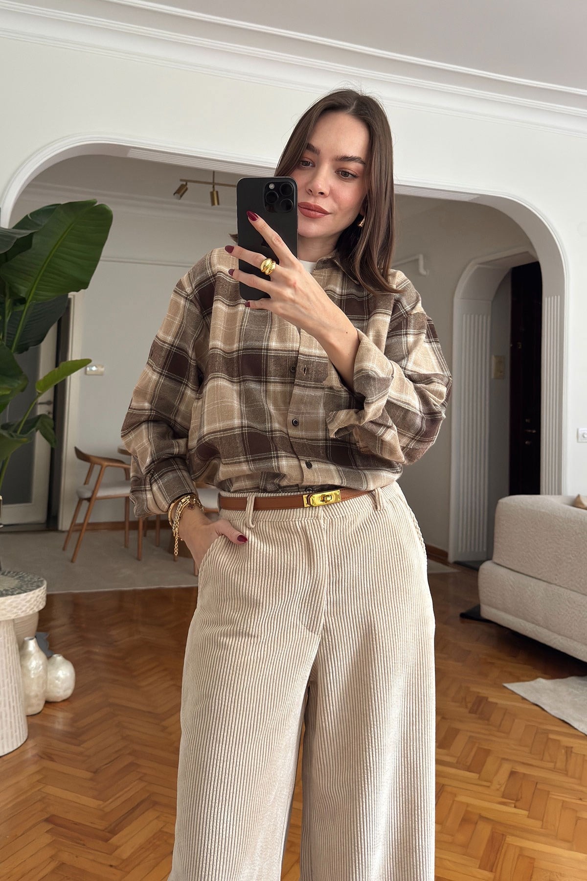 Oversize Ekose Desen Oduncu Gömlek- KAHVERENGİ
