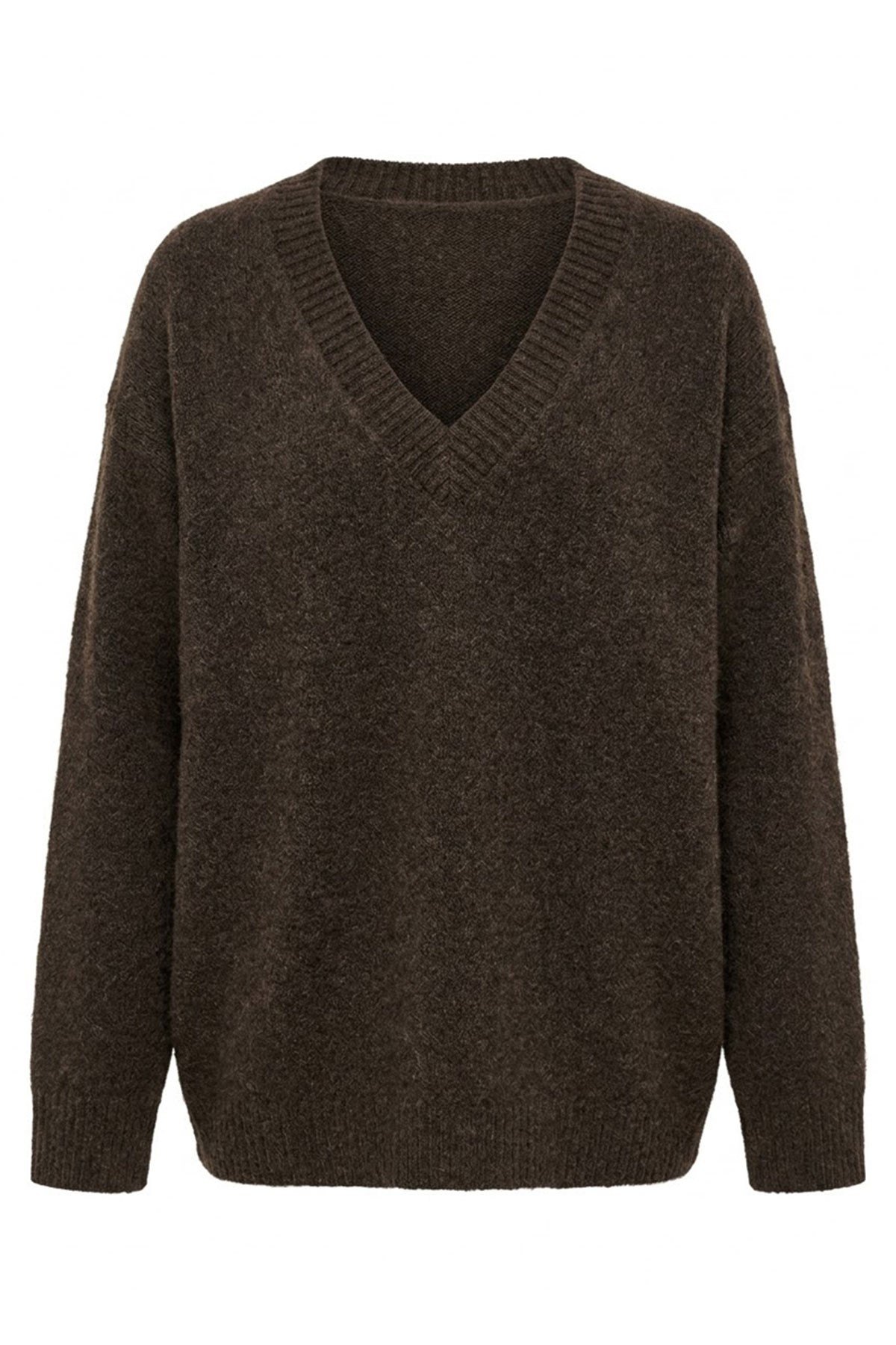 Oversize V Yaka Triko Kazak- KAHVERENGİ