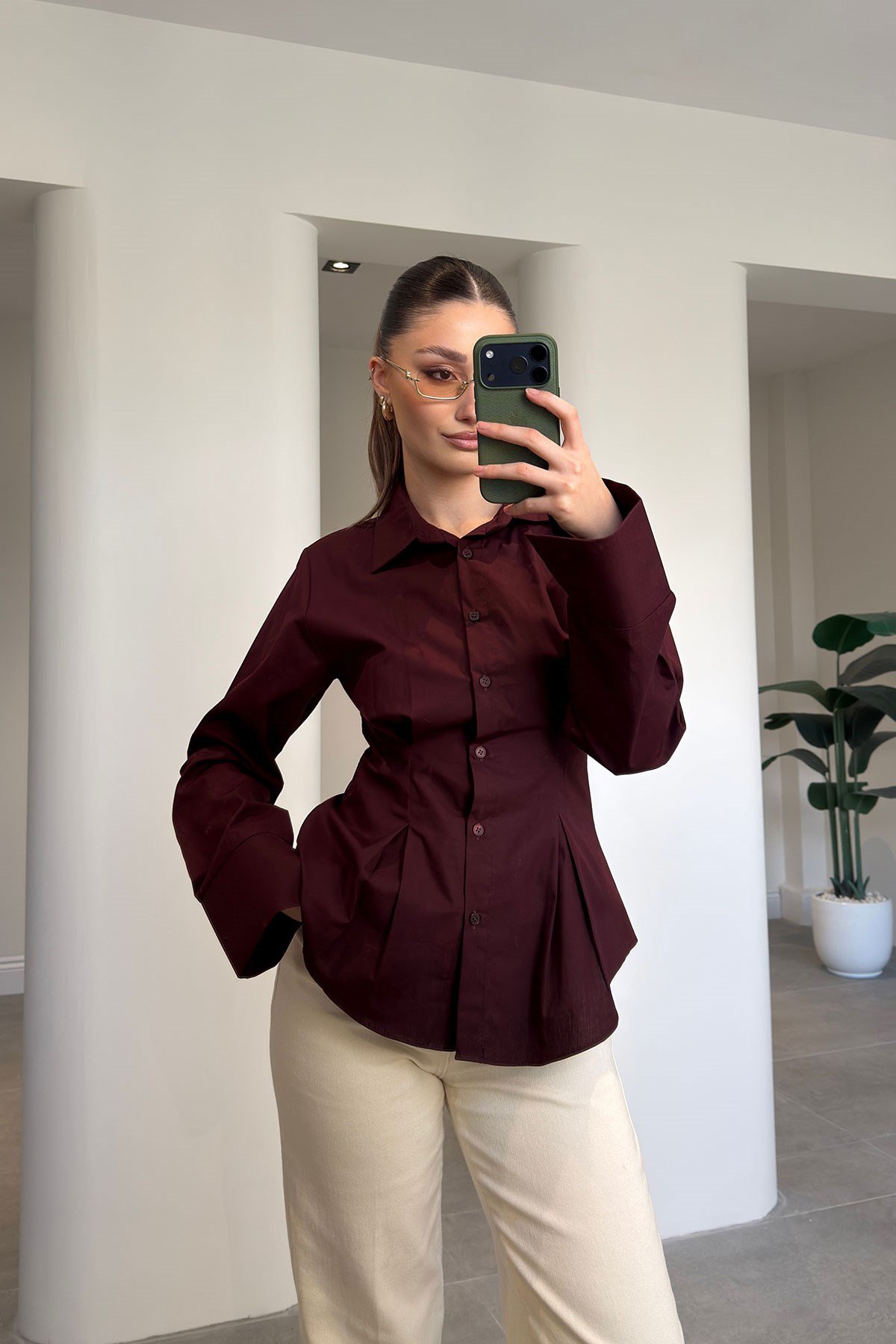 Pileli Yeni Sezon Tasarım Gömlek- BORDO