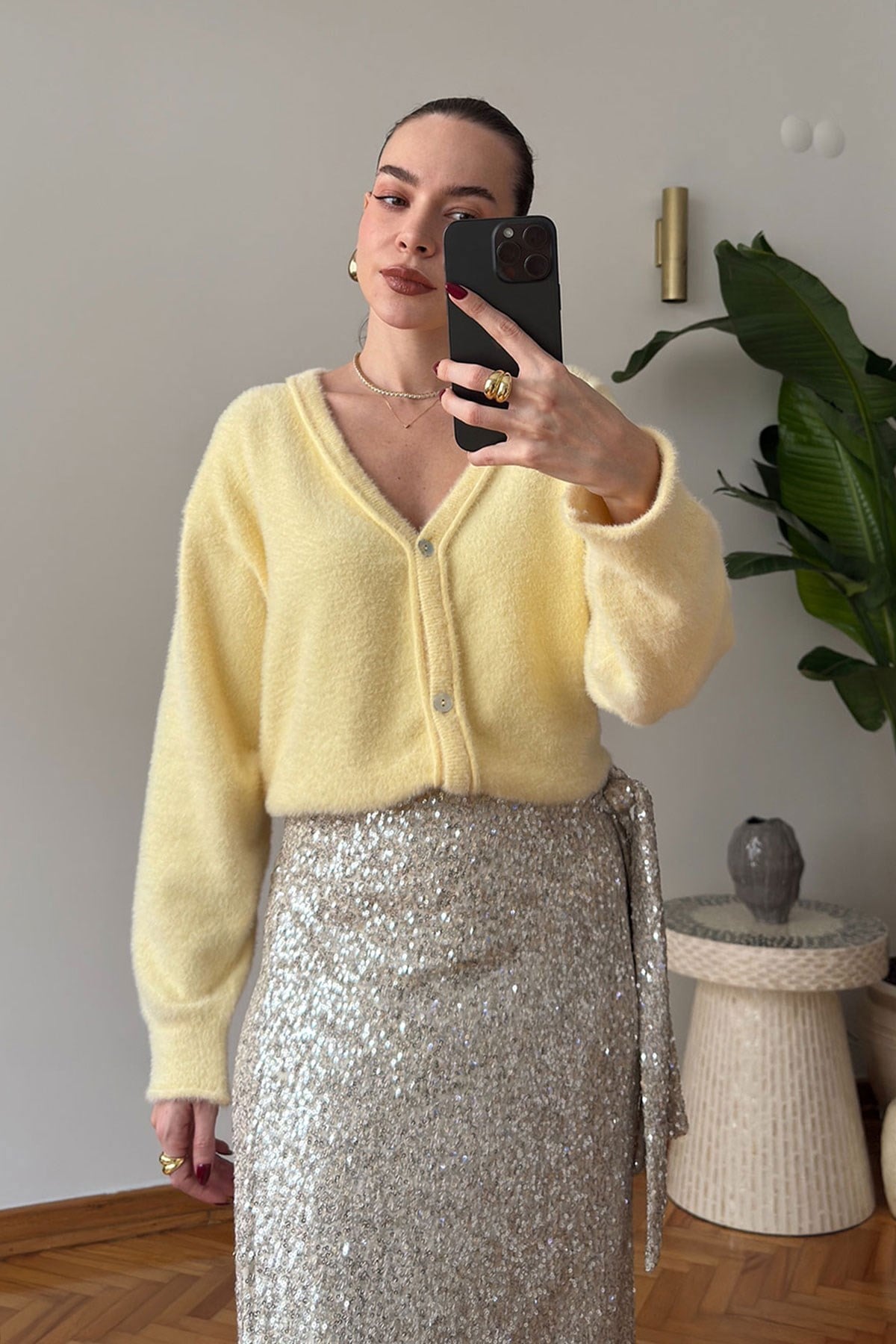 Premium 4 Düğmeli Angora Hırka- SARI