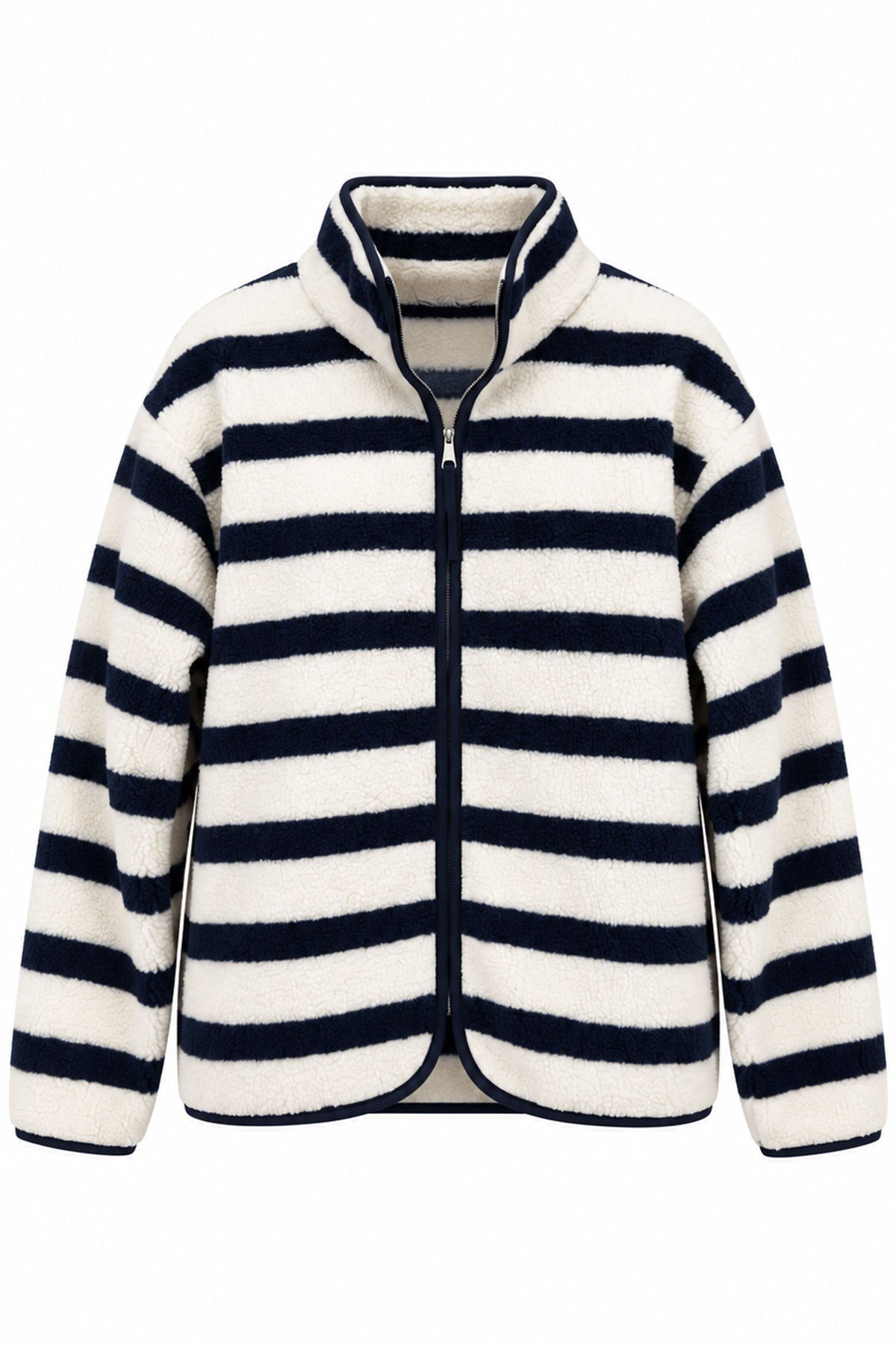 PREMİUM ÇİZGİLİ FERMUARLI POLAR HIRKA- EKRU-LACİVERT