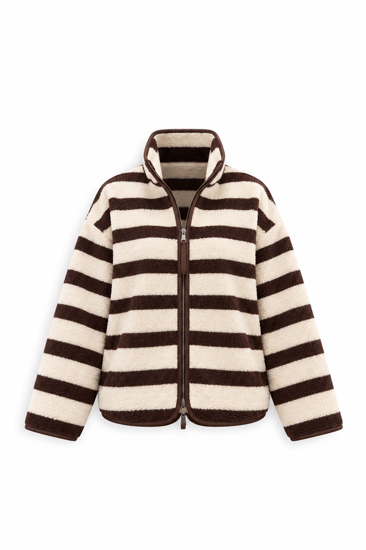 PREMİUM ÇİZGİLİ FERMUARLI POLAR HIRKA- EKRU-KAHVERENGİ